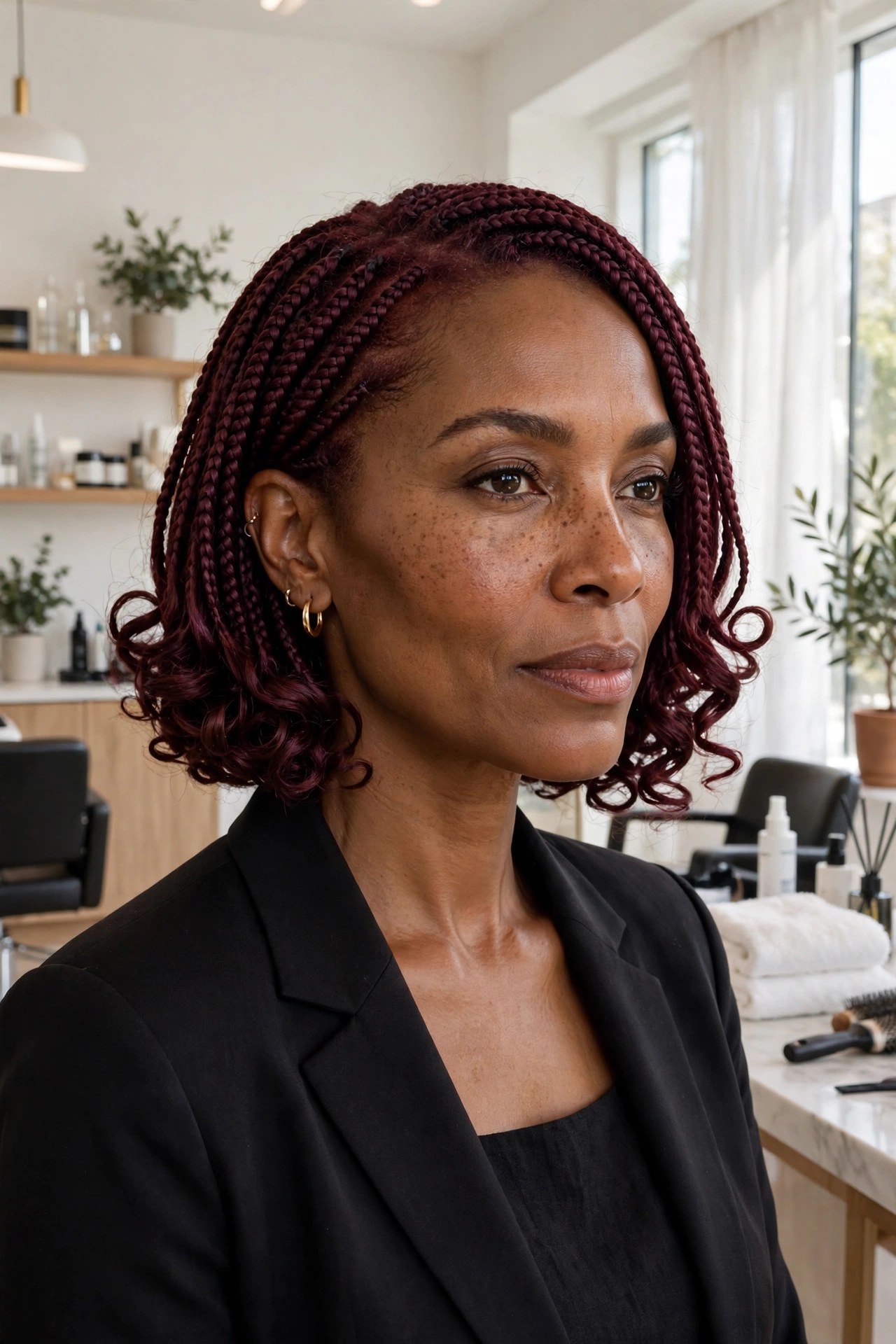 Woman wearing a rich burgundy braided bob