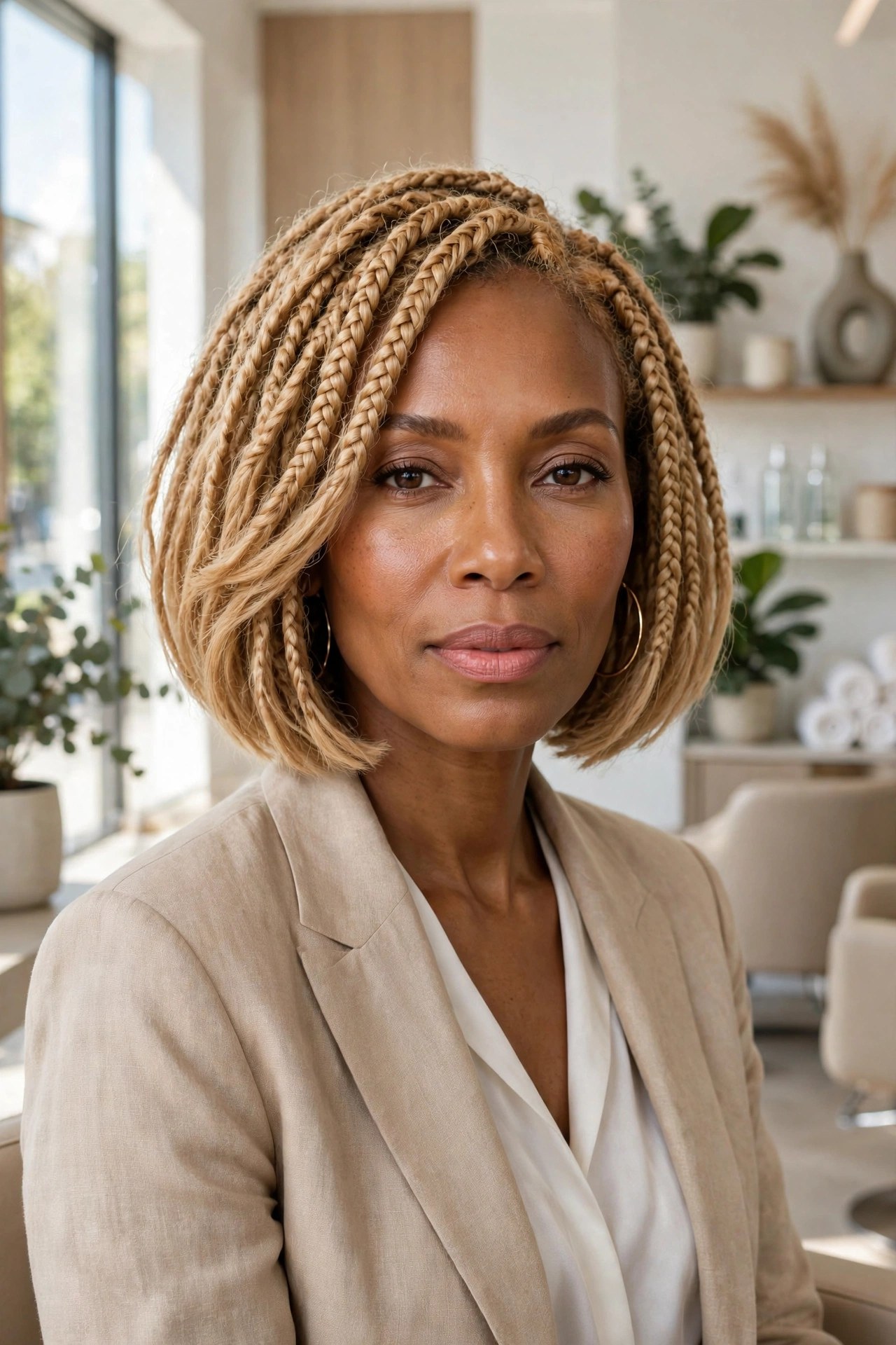 Woman with honey blonde bob braids