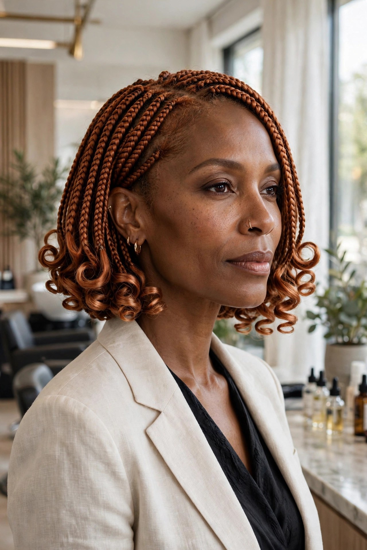 Woman with a glowing copper braided bob