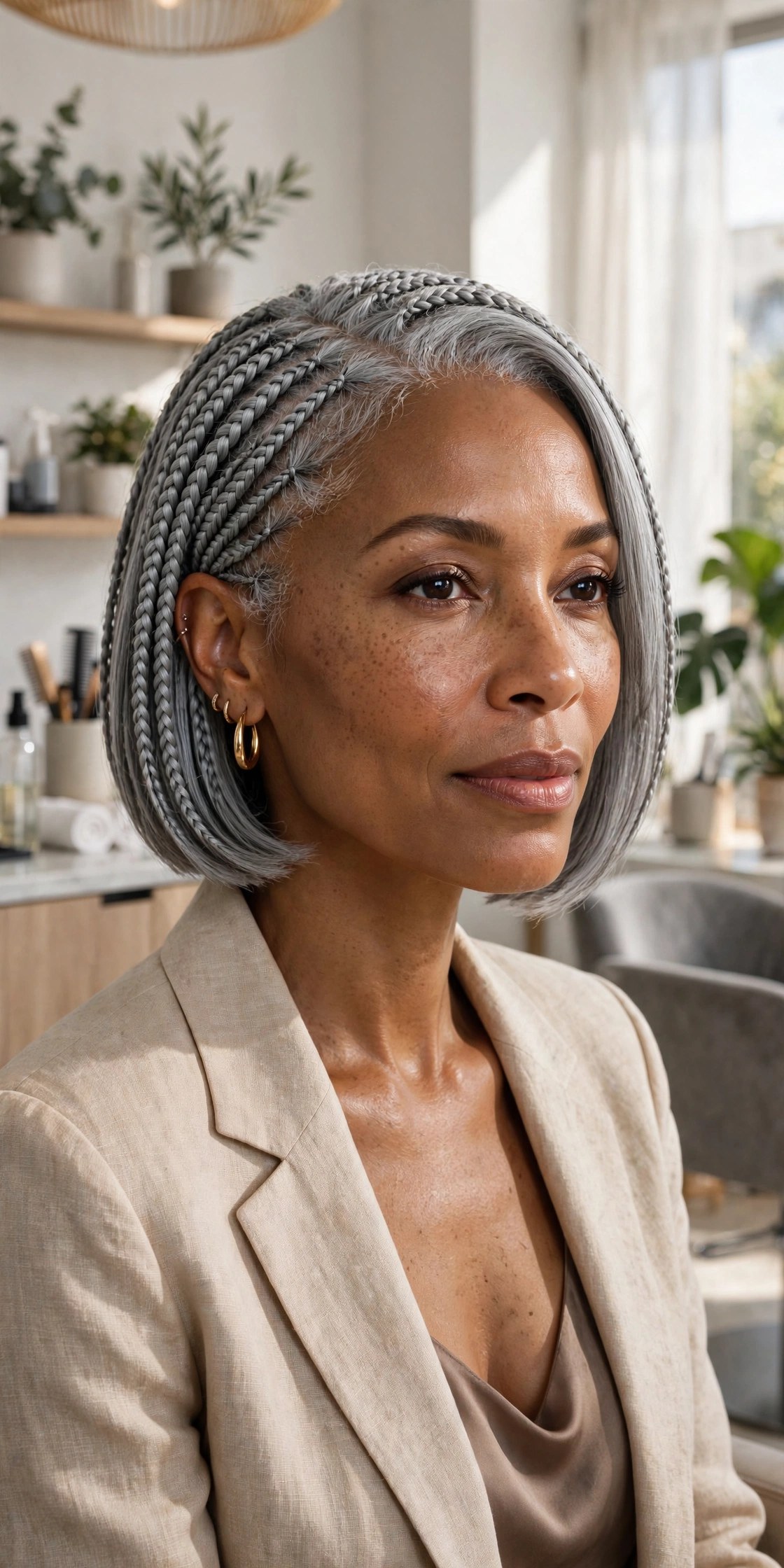 Sophisticated woman with a silver-gray braided bob