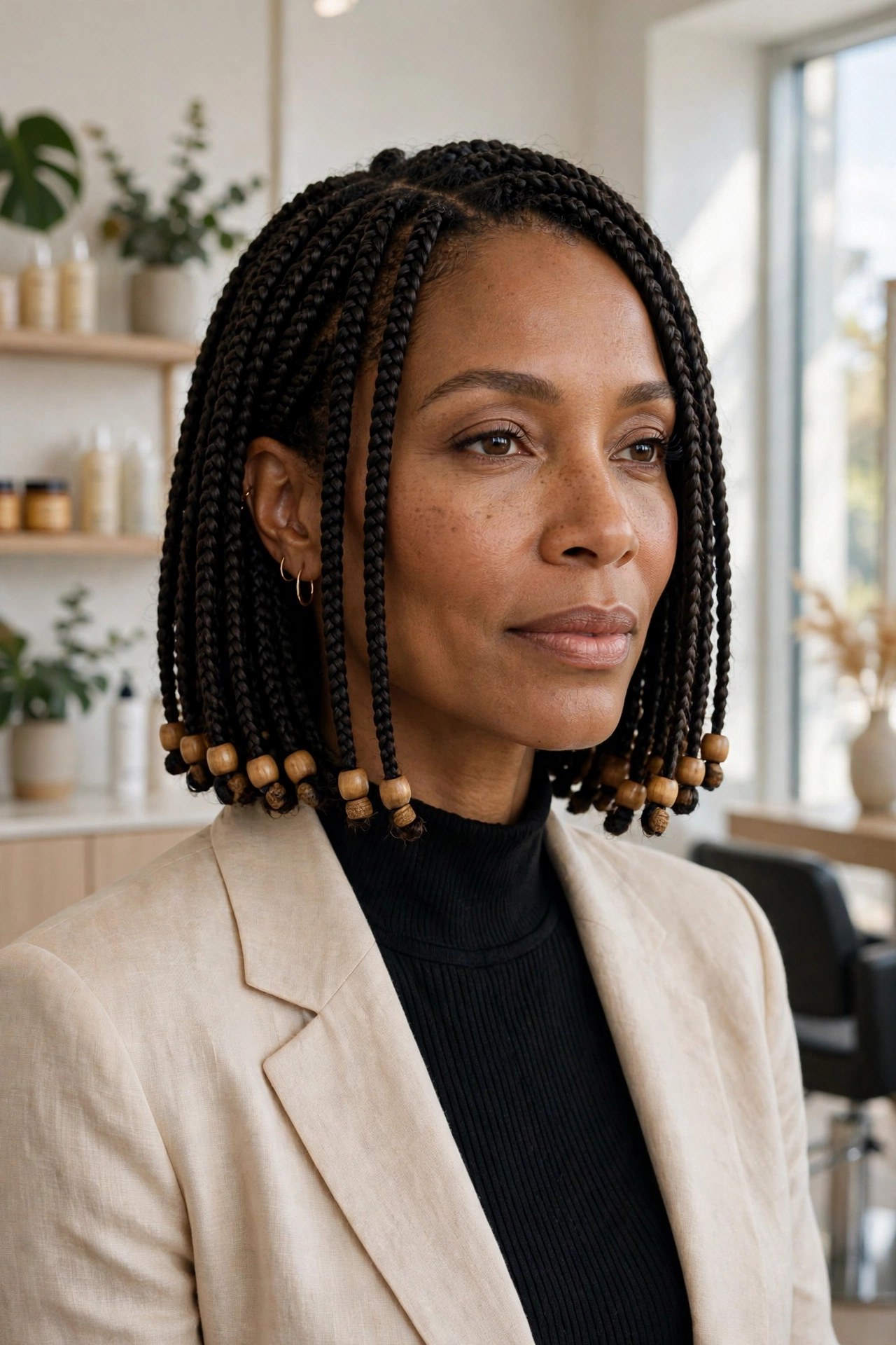 Woman with a beaded chin-length bob braid style