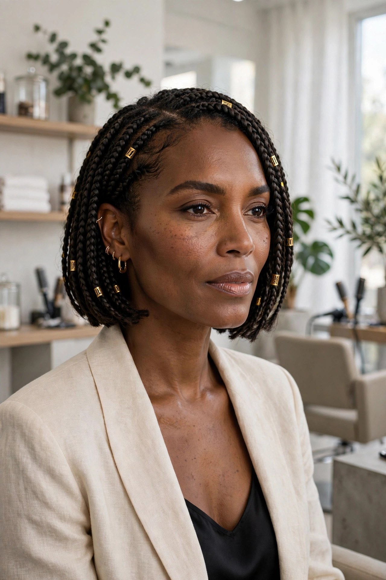 Woman with gold cuffs in her braided bob