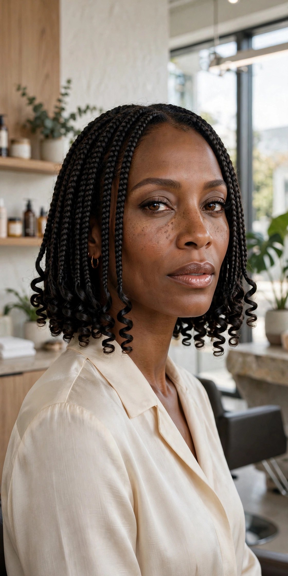 Woman with a bob braid style ending in spiral curls