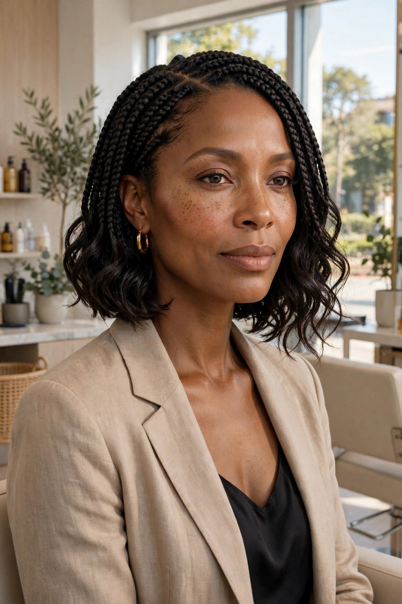 Woman with a braided bob with soft wavy ends
