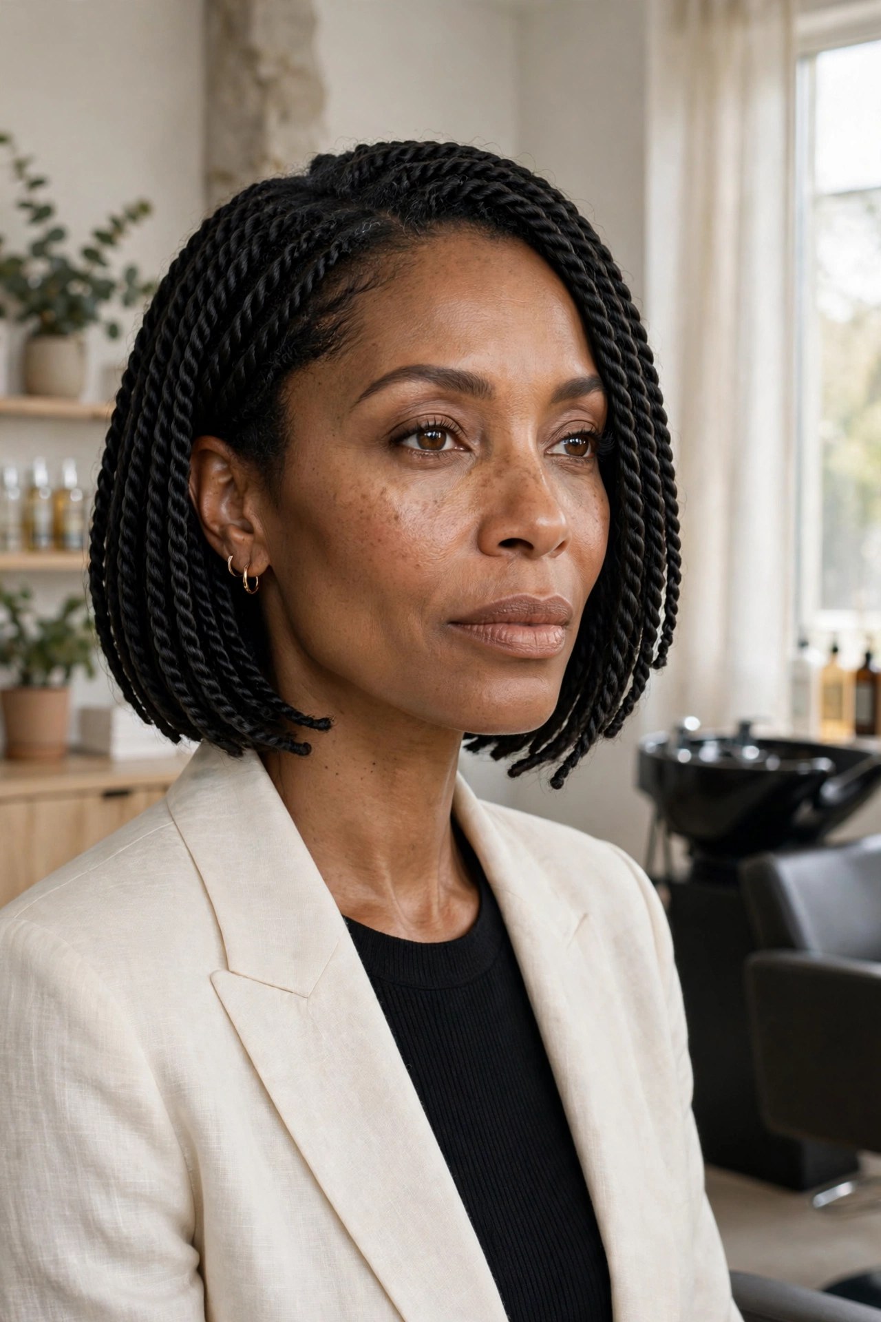 Woman with a neat rope twist bob