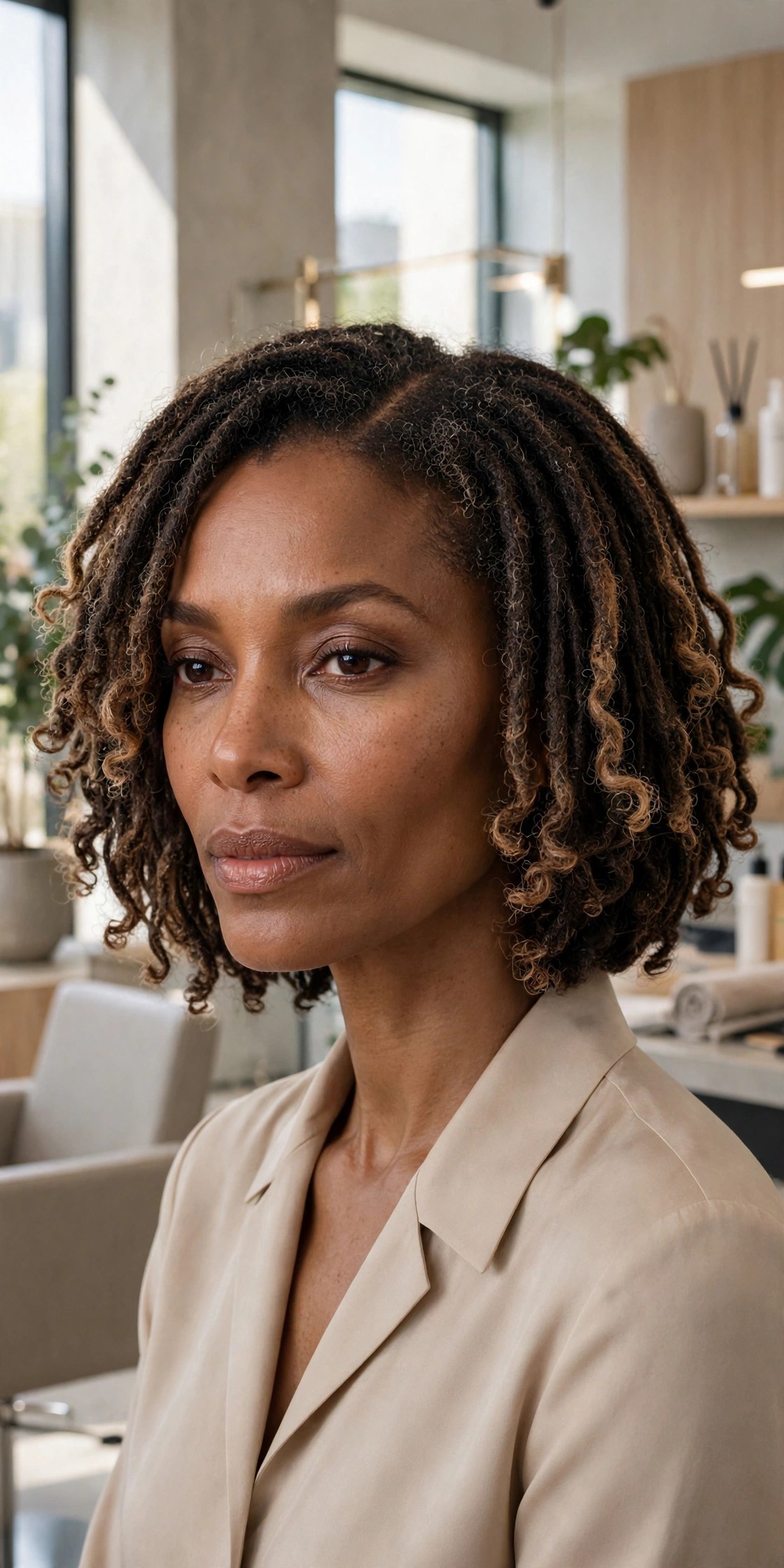 Woman with a butterfly locs bob