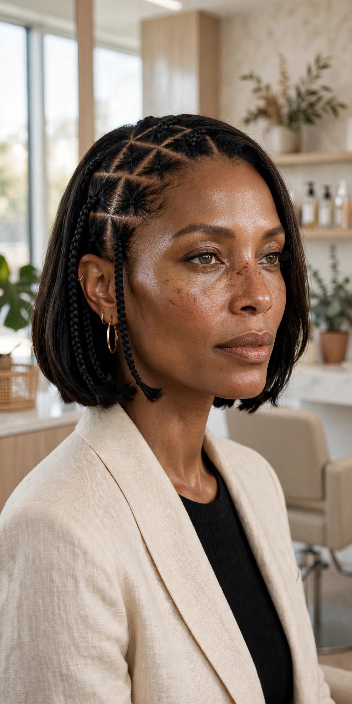 Close view of triangle-parted bob braids