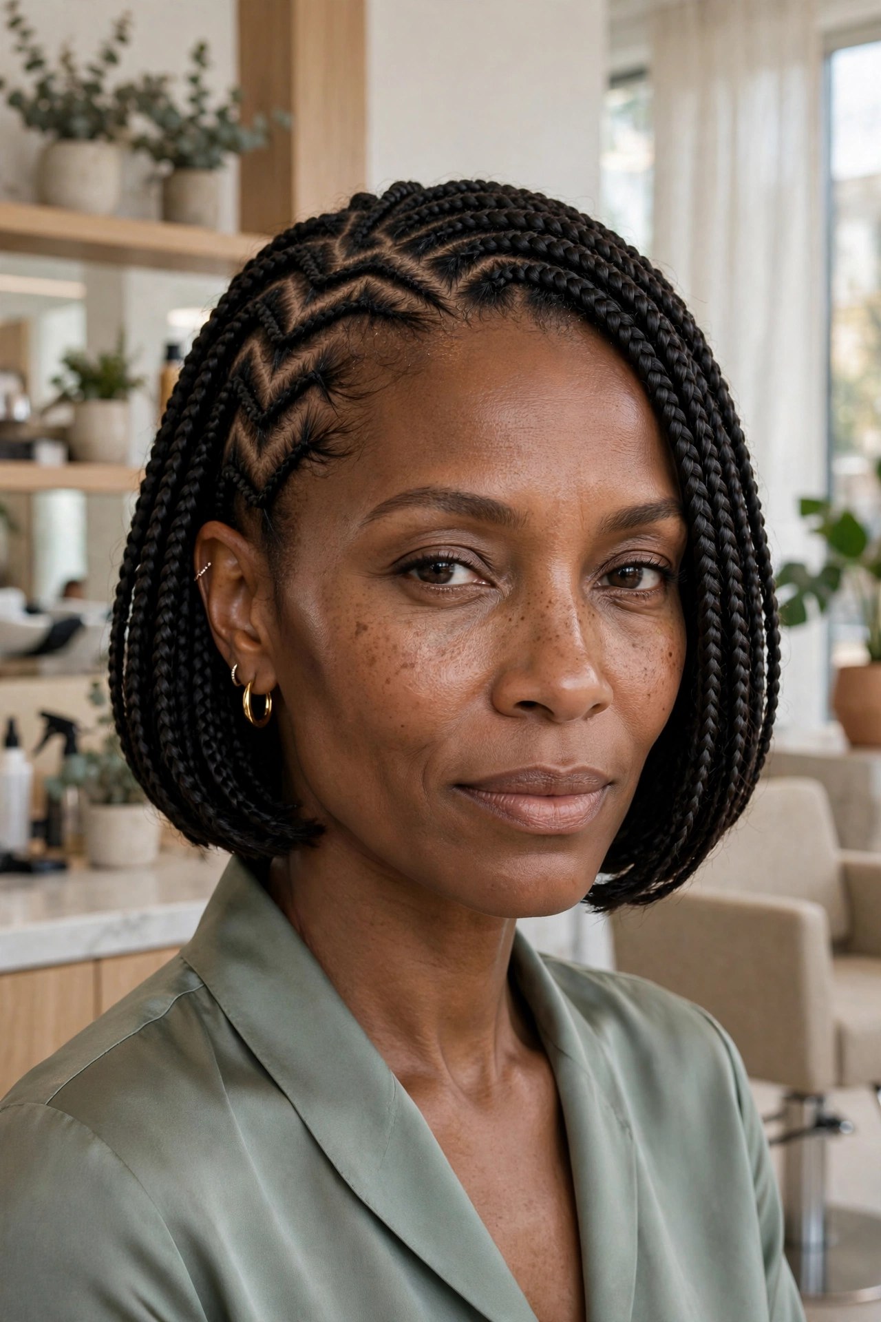 Woman with zigzag-parted bob braids