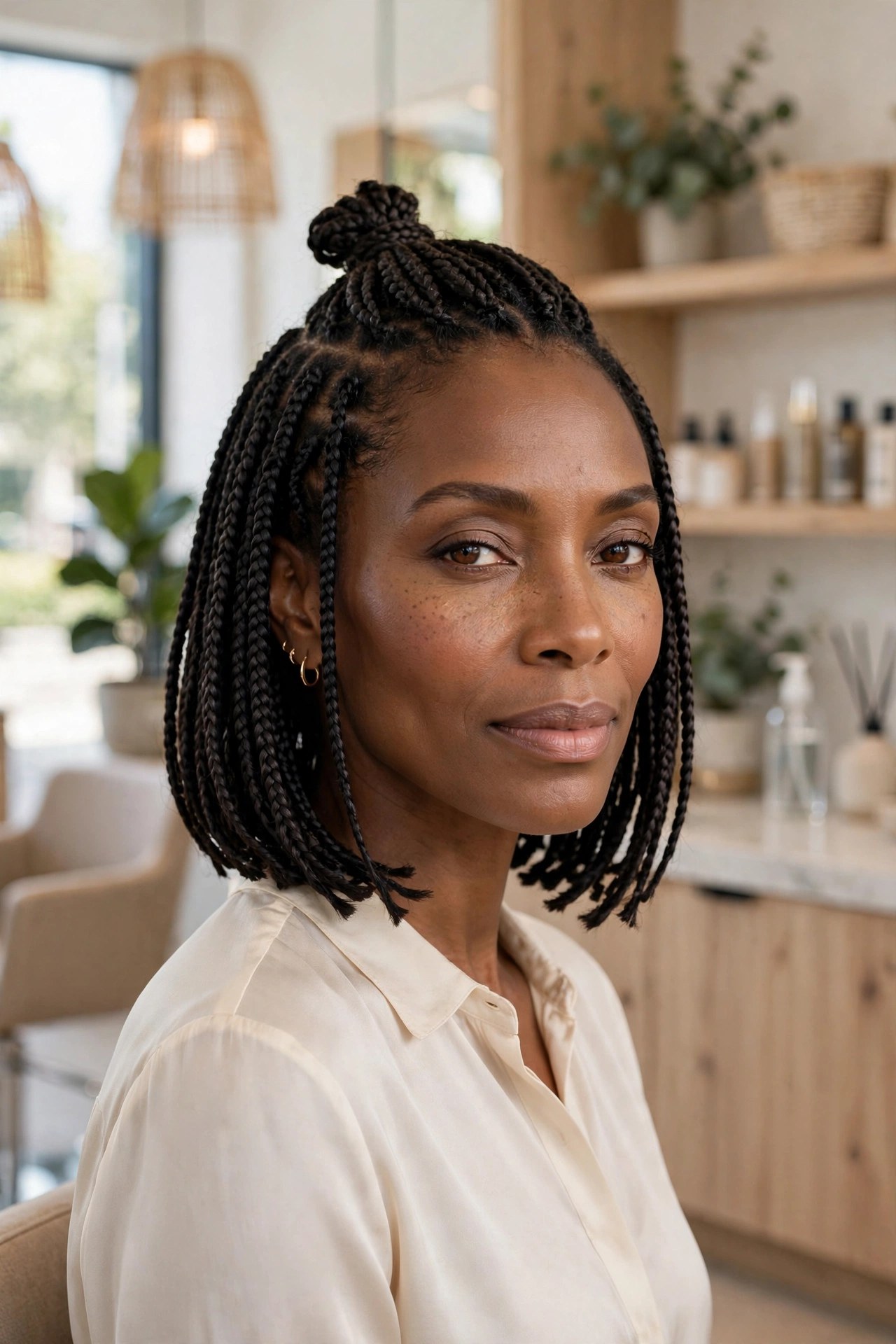 Woman with a half-up braided bob style