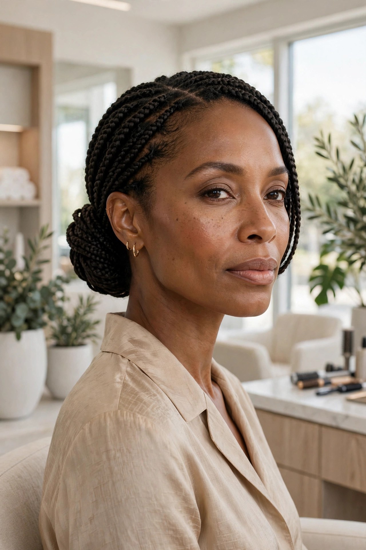 Woman with bob braids in a low elegant bun