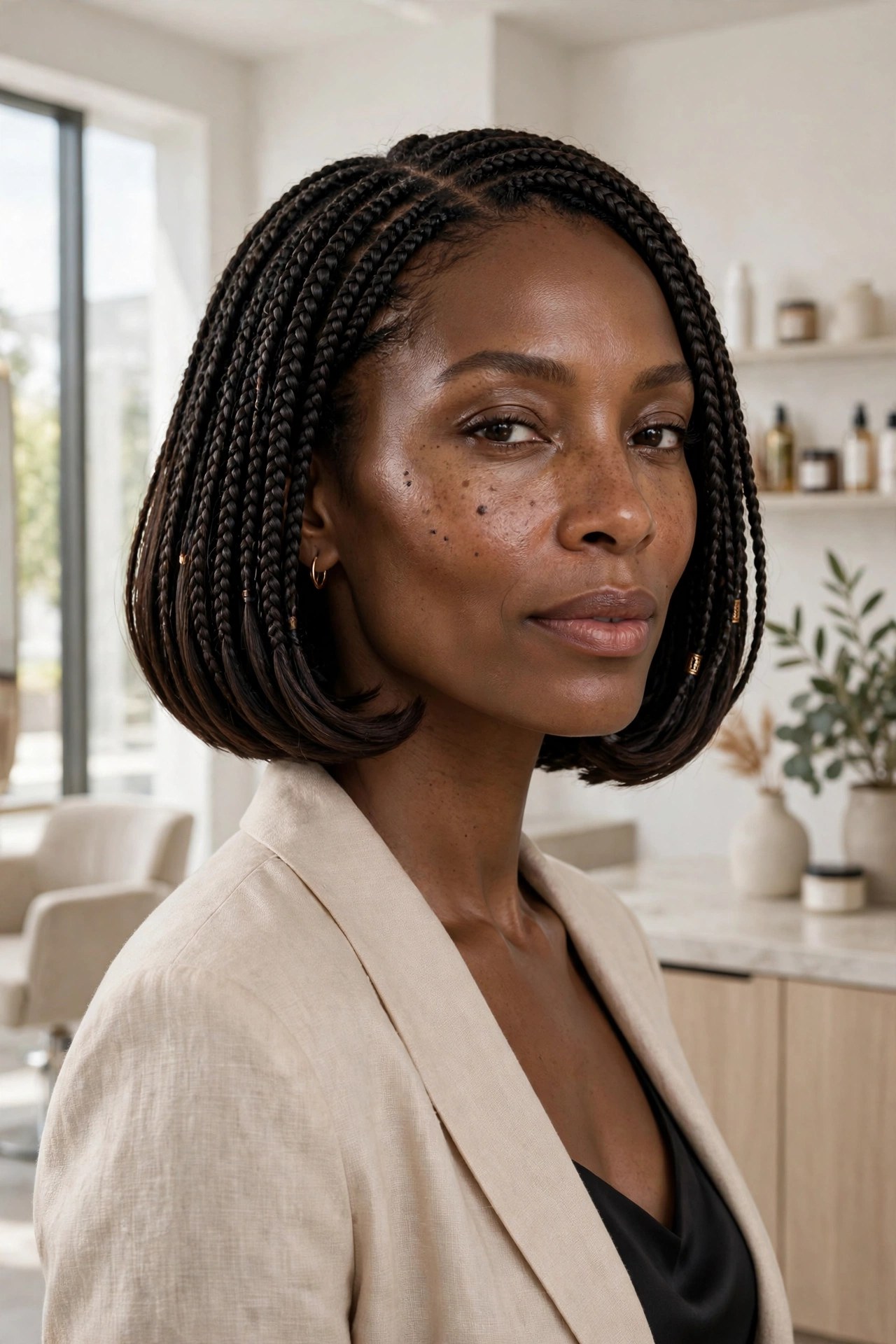 Woman with a flipped-under rounded braided bob