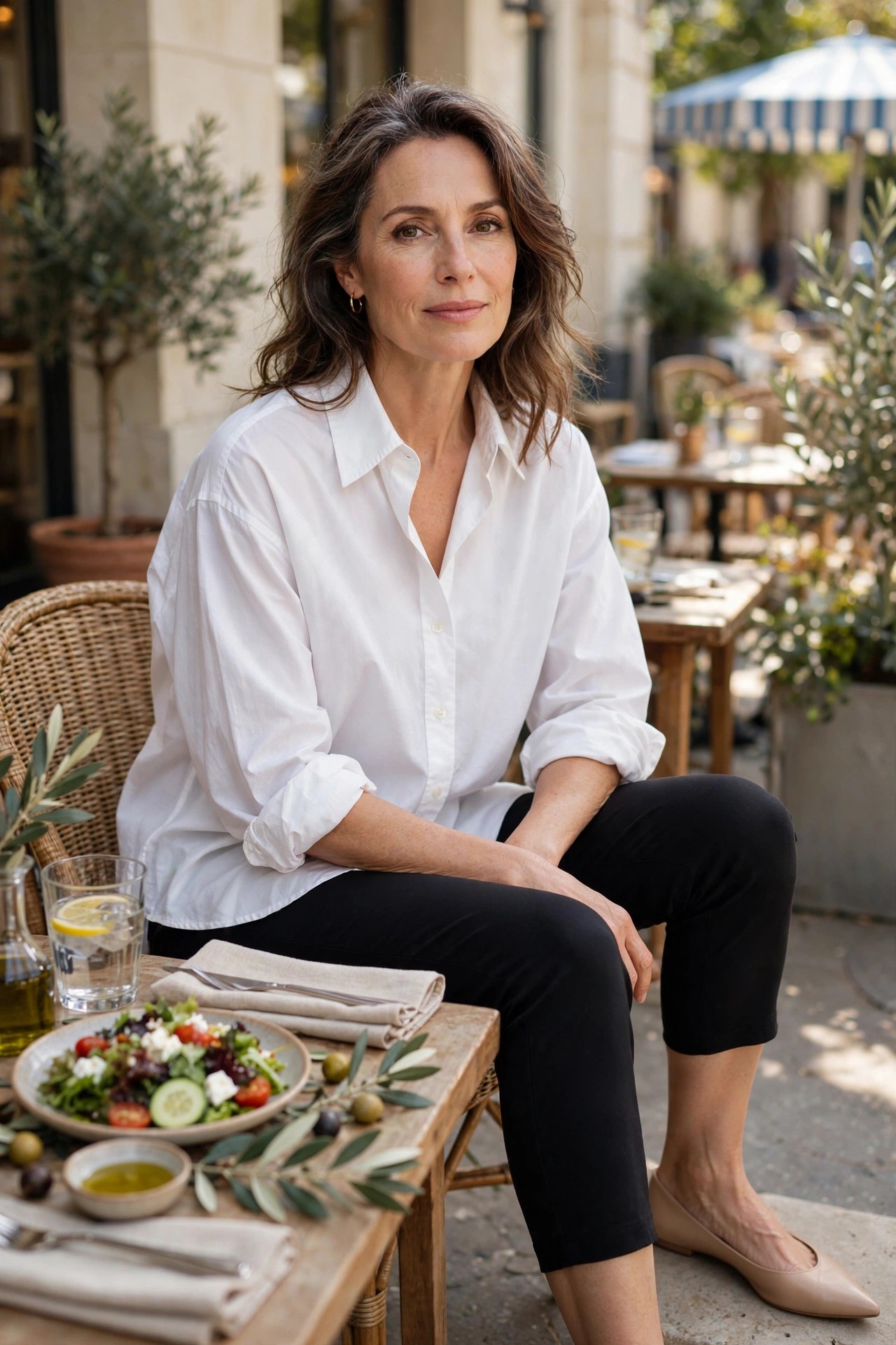 Woman over 50 in an oversized white button-down shirt with black stretch capri pants