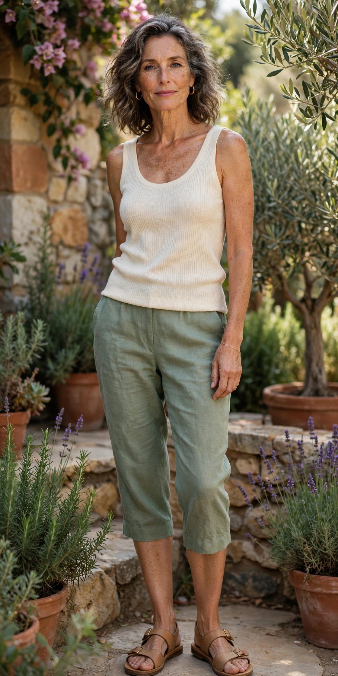 Elegant woman in sage green linen capri pants with a cream ribbed knit tank