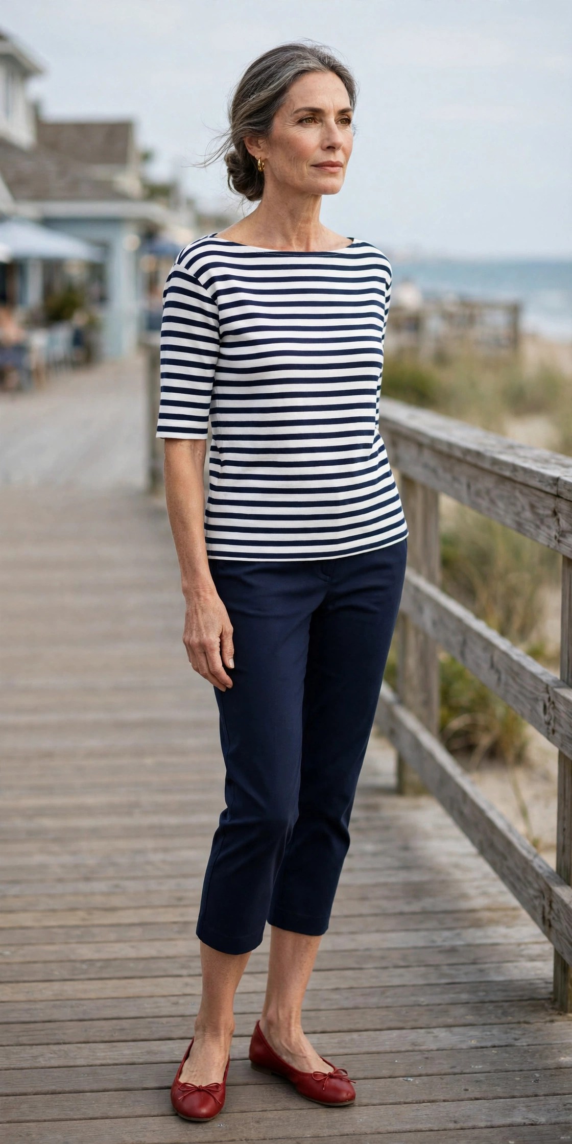 Mature woman in navy capri pants with a striped boat-neck top and red flats