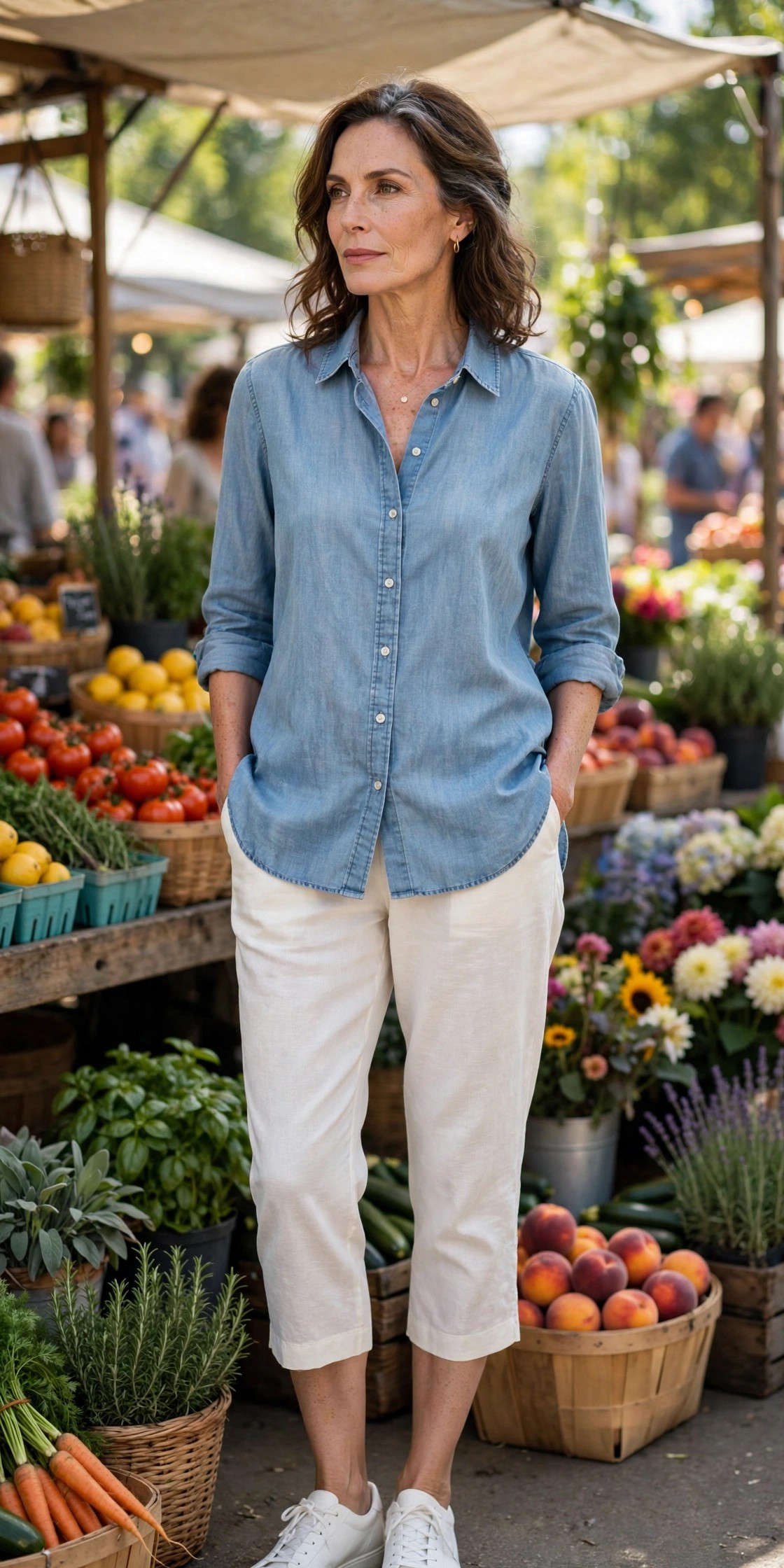 Woman over 50 in ivory capri pants with a chambray tunic shirt