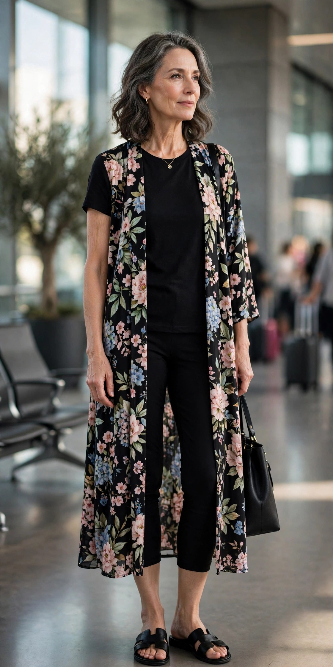 Elegant woman in black capri pants with a floral kimono duster