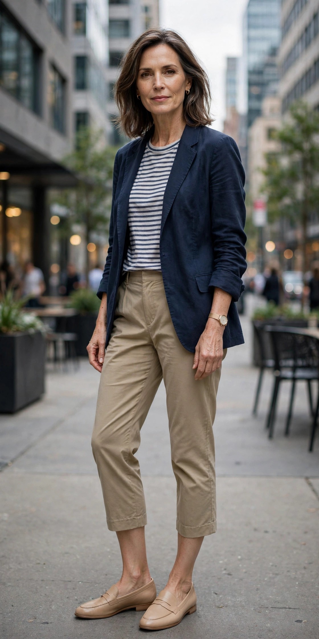 Mature woman in khaki chino capri pants with a navy blazer