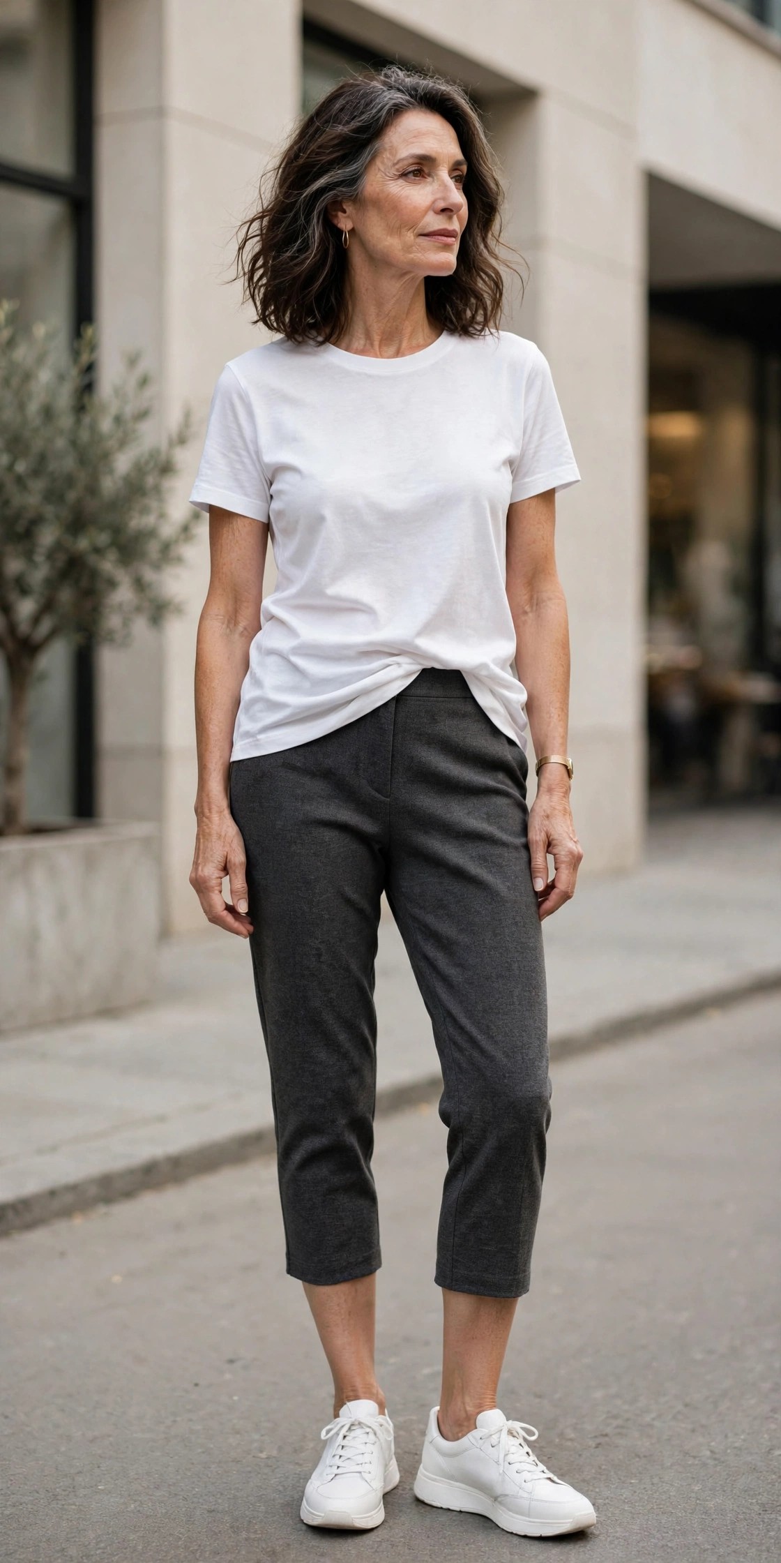 Elegant woman in charcoal ponte capri pants with a white crew-neck tee