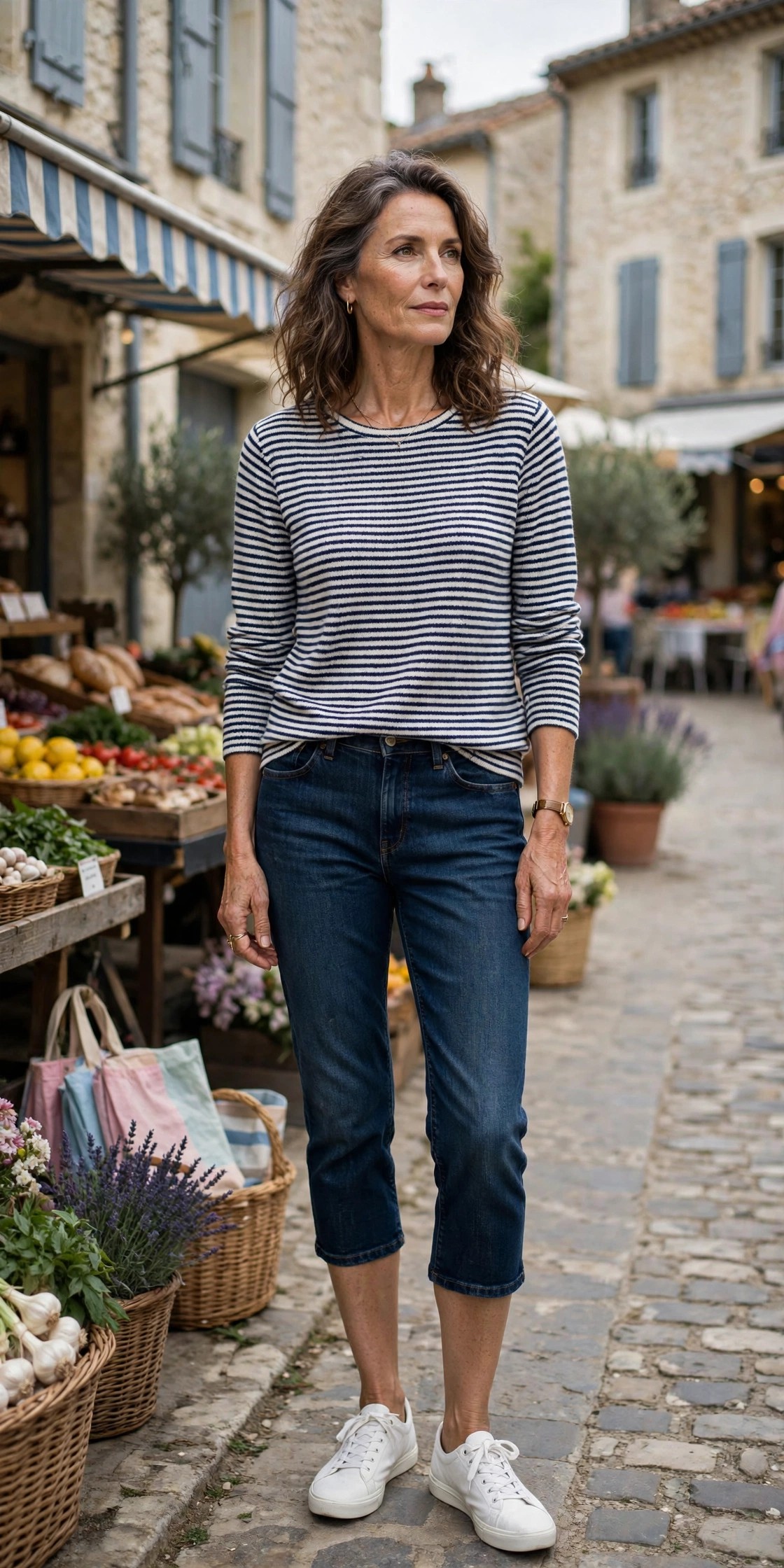 Woman over 50 in dark-wash denim capri pants with a striped sweater