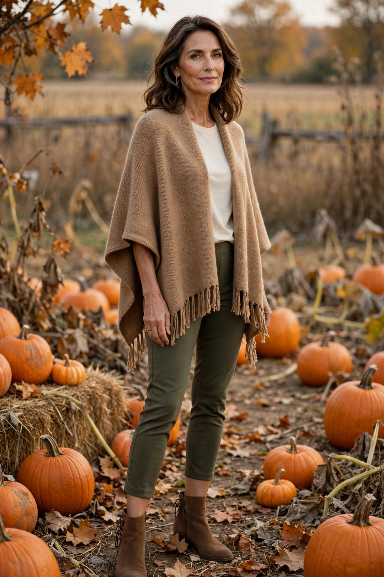 Elegant woman in olive capri pants with a camel knit poncho