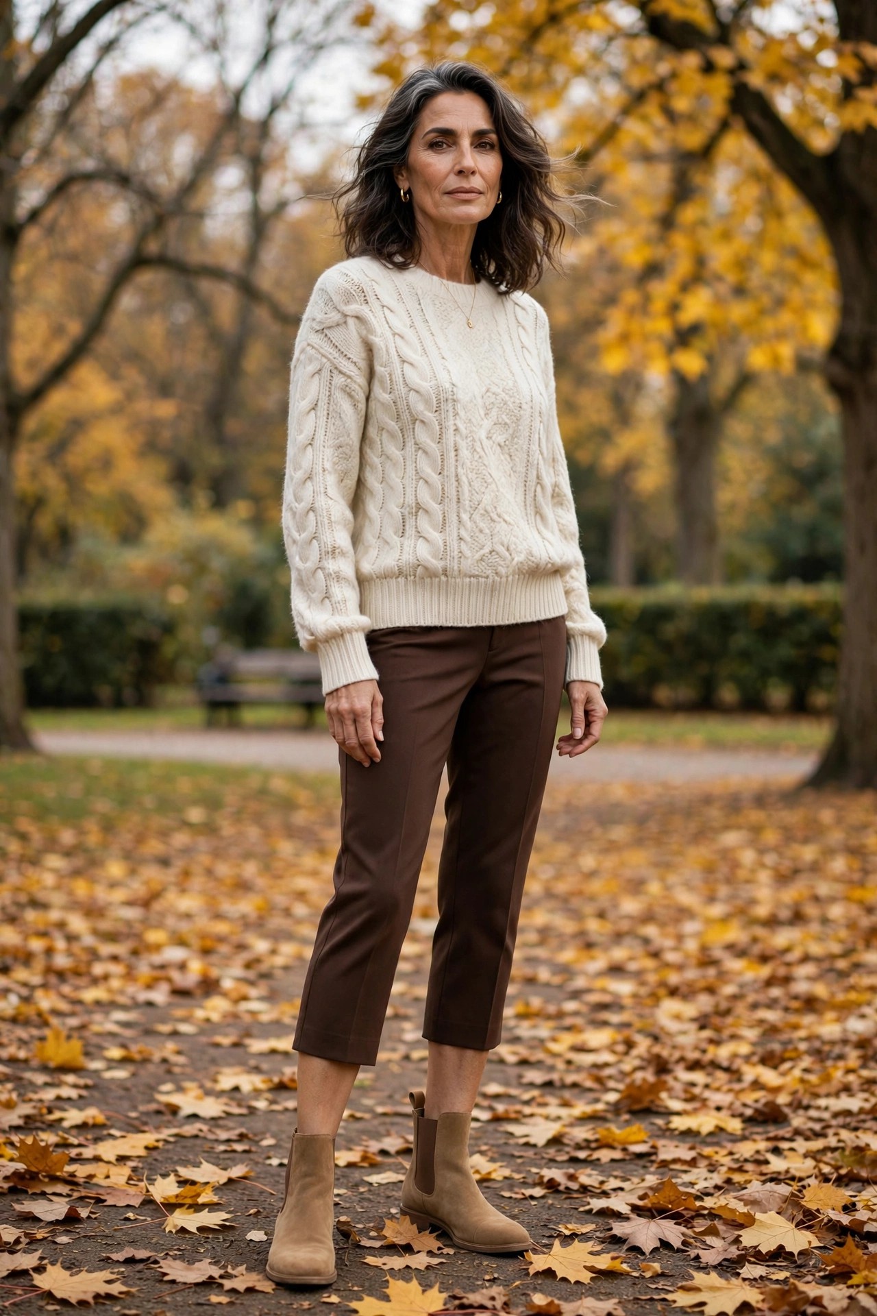 Mature woman in chocolate ponte capri pants with a cream cable-knit sweater