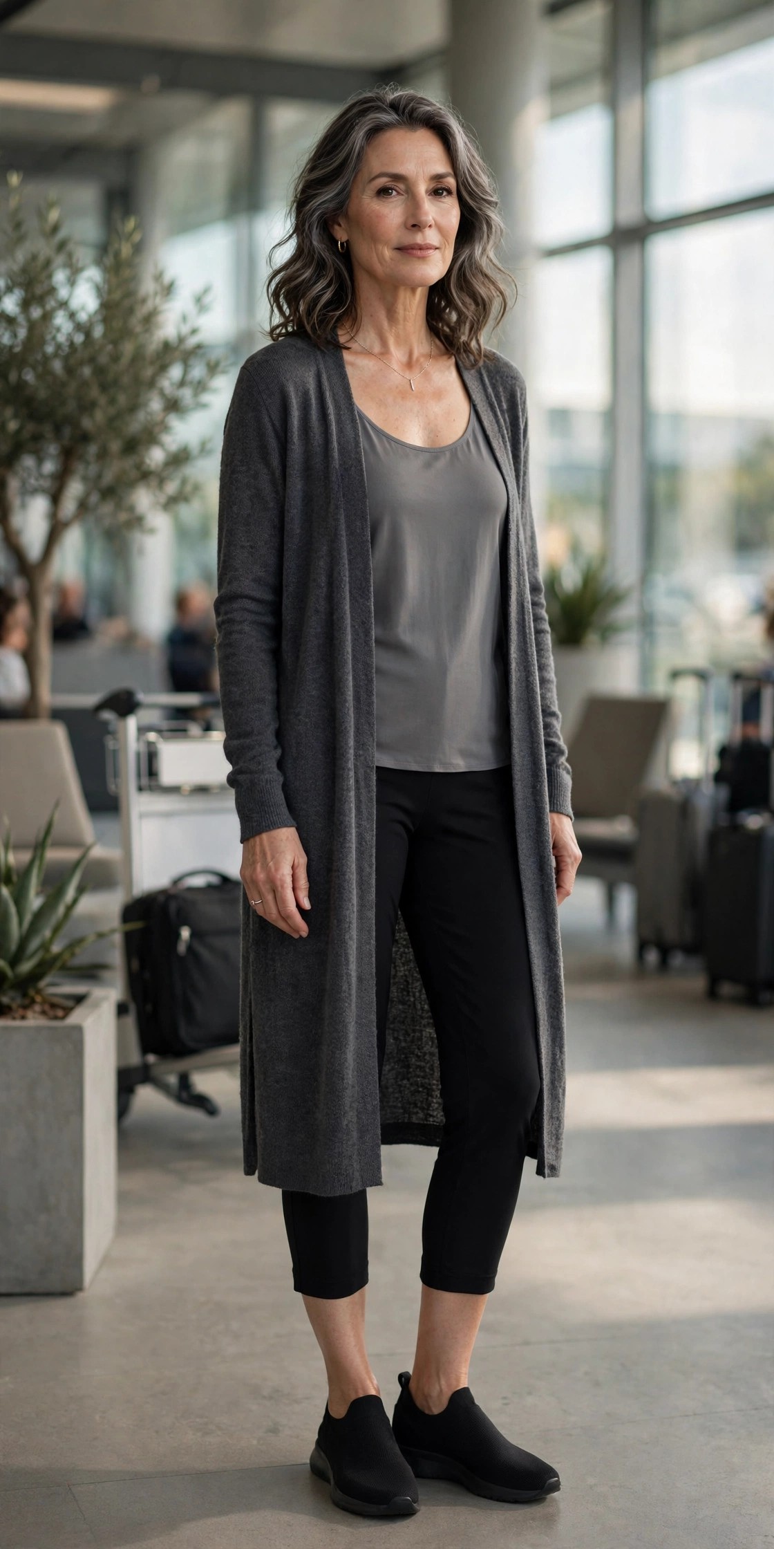 Elegant woman in black capri pants with a charcoal longline cardigan