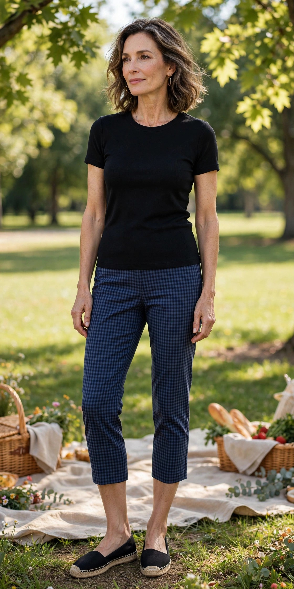 Mature woman in navy gingham capri pants with a solid black tee