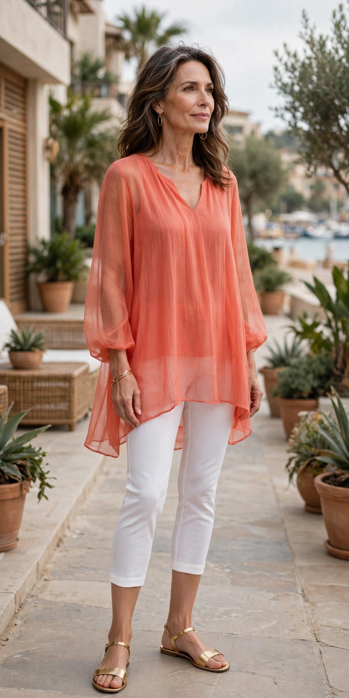 Woman over 50 in white capri pants with a flowing coral tunic