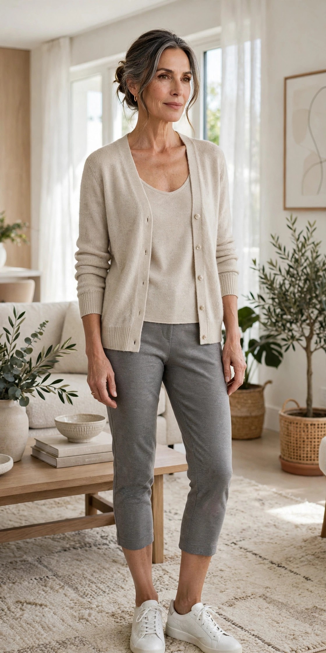 Mature woman in gray ponte capri pants with an oatmeal twinset