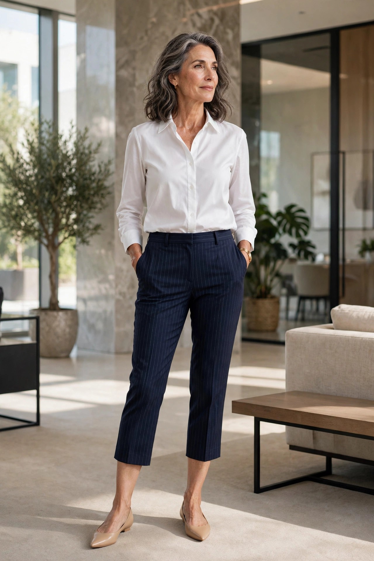 Woman over 50 in navy pinstripe capri pants with a white blouse