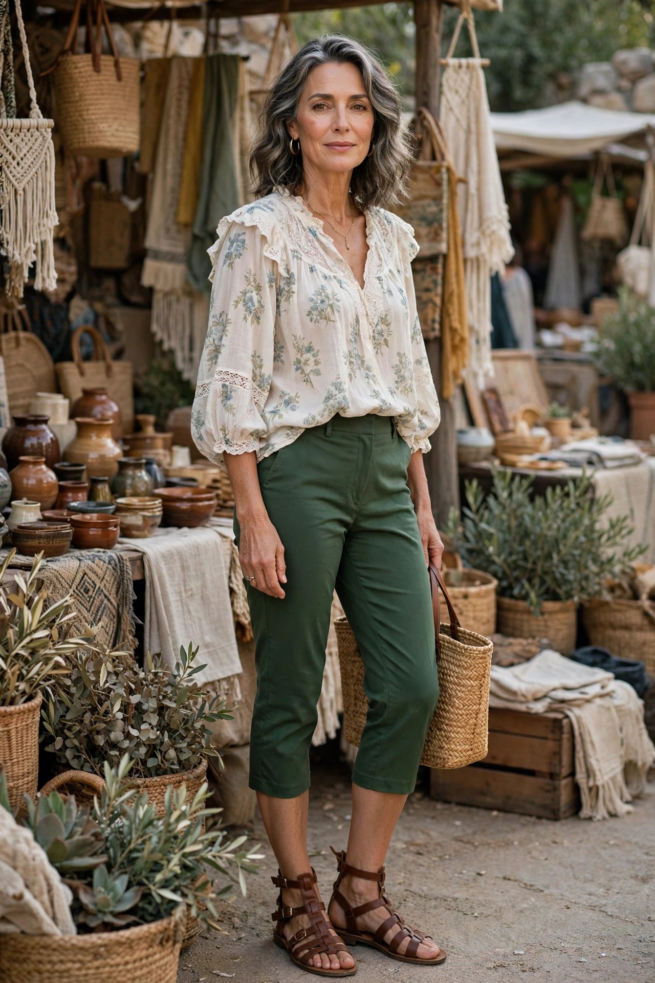 Elegant woman in forest green capri pants with a floral peasant blouse