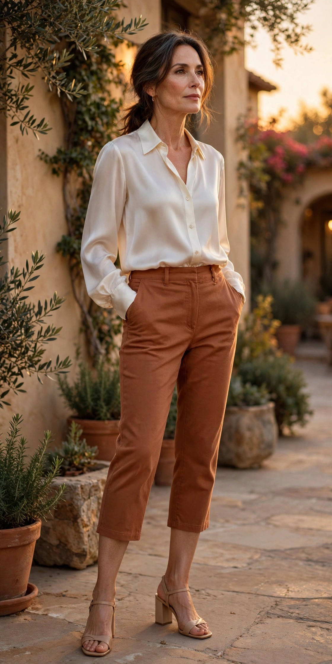 Mature woman in terracotta twill capri pants with an ivory silk blouse