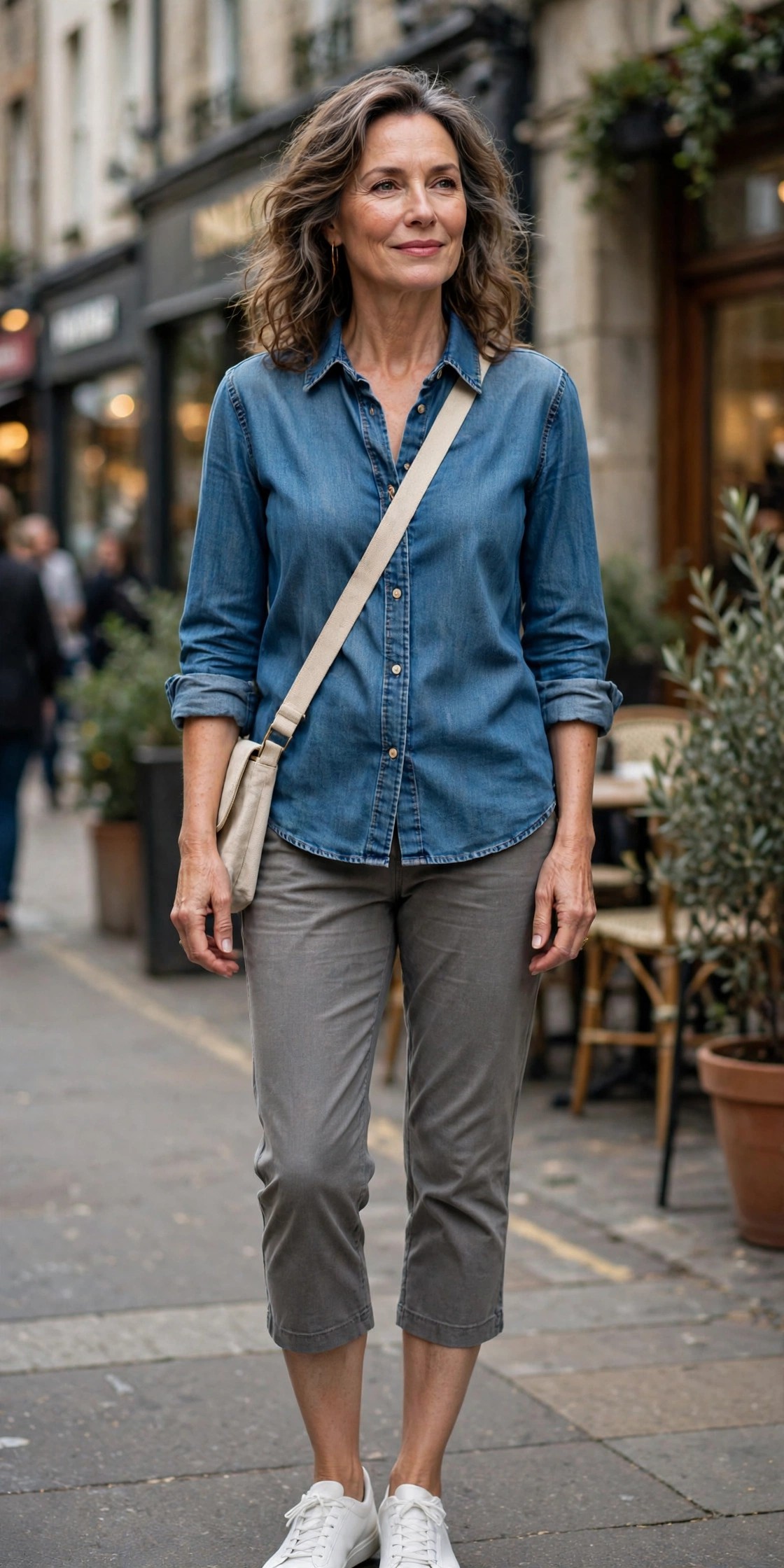 Elegant woman in stone gray capri pants with a denim shirt