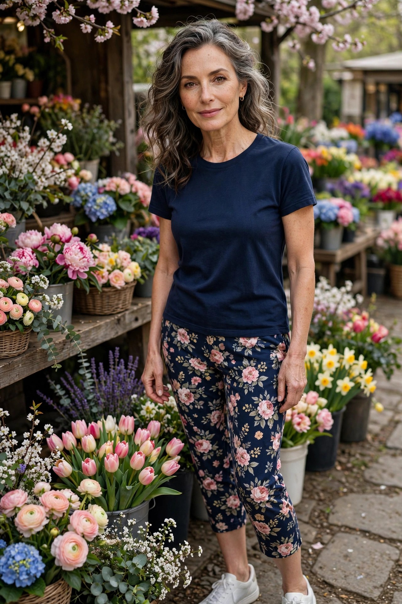 Mature woman in navy floral capri pants with a solid navy tee
