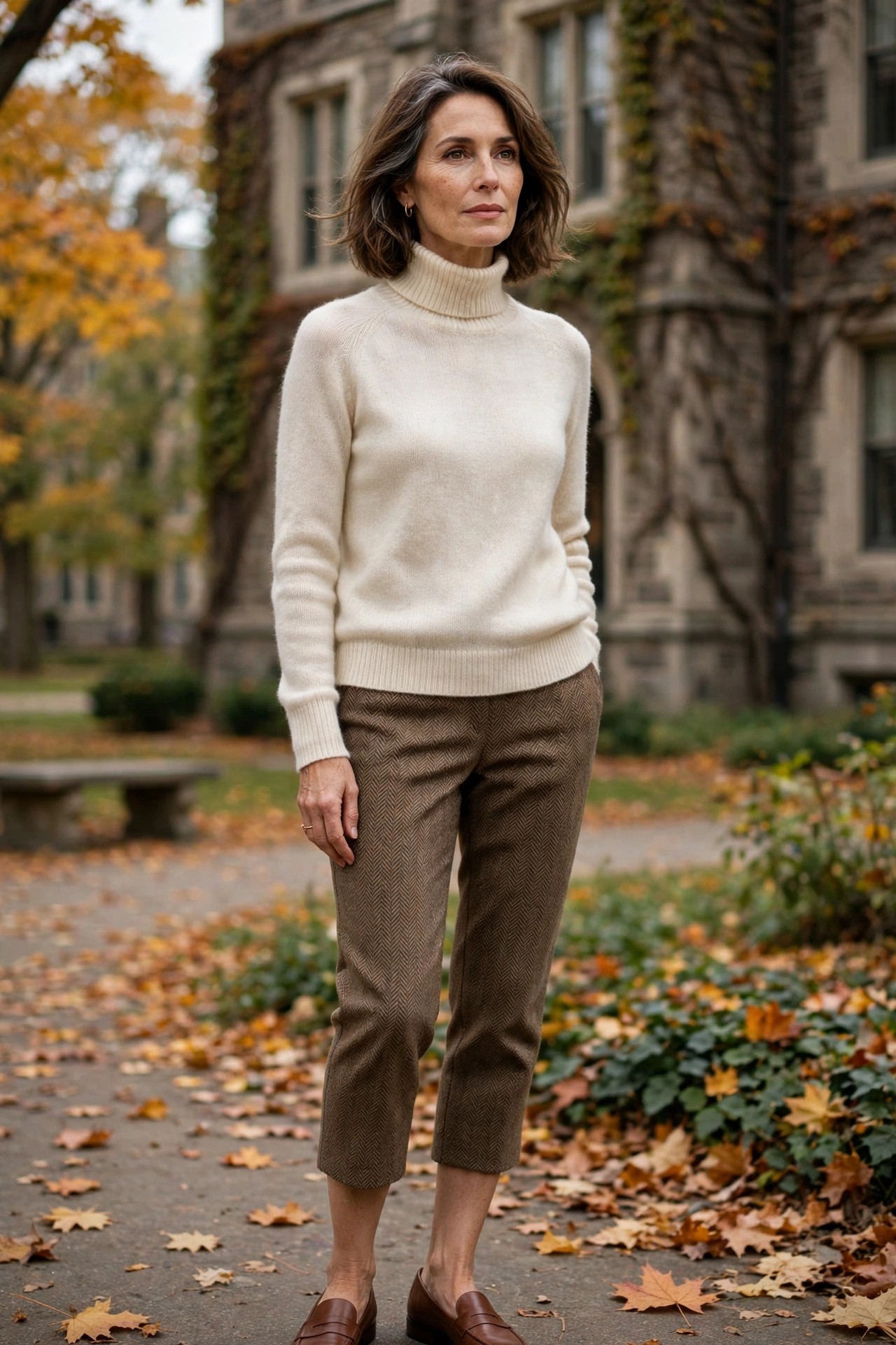 Woman over 50 in brown herringbone capri pants with a cream turtleneck