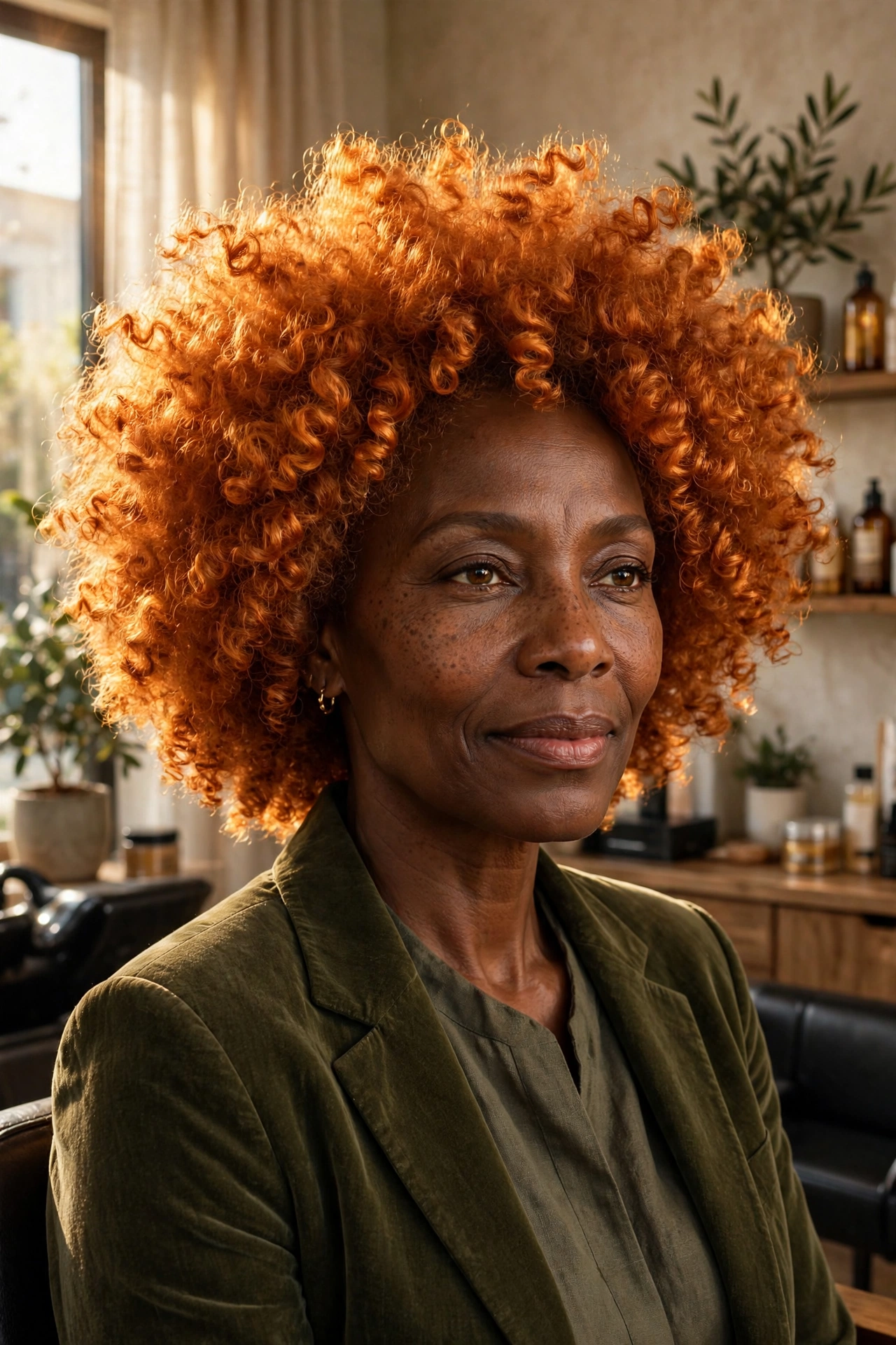 Black woman over 50 with molten copper coil-out afro in vivid orange gold