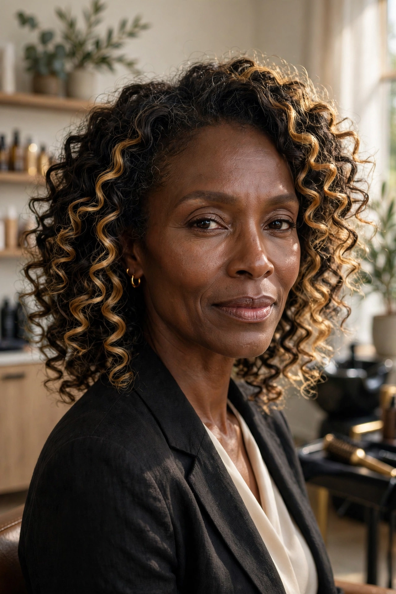 Black woman over 50 with golden honey blonde balayage on dark defined curls