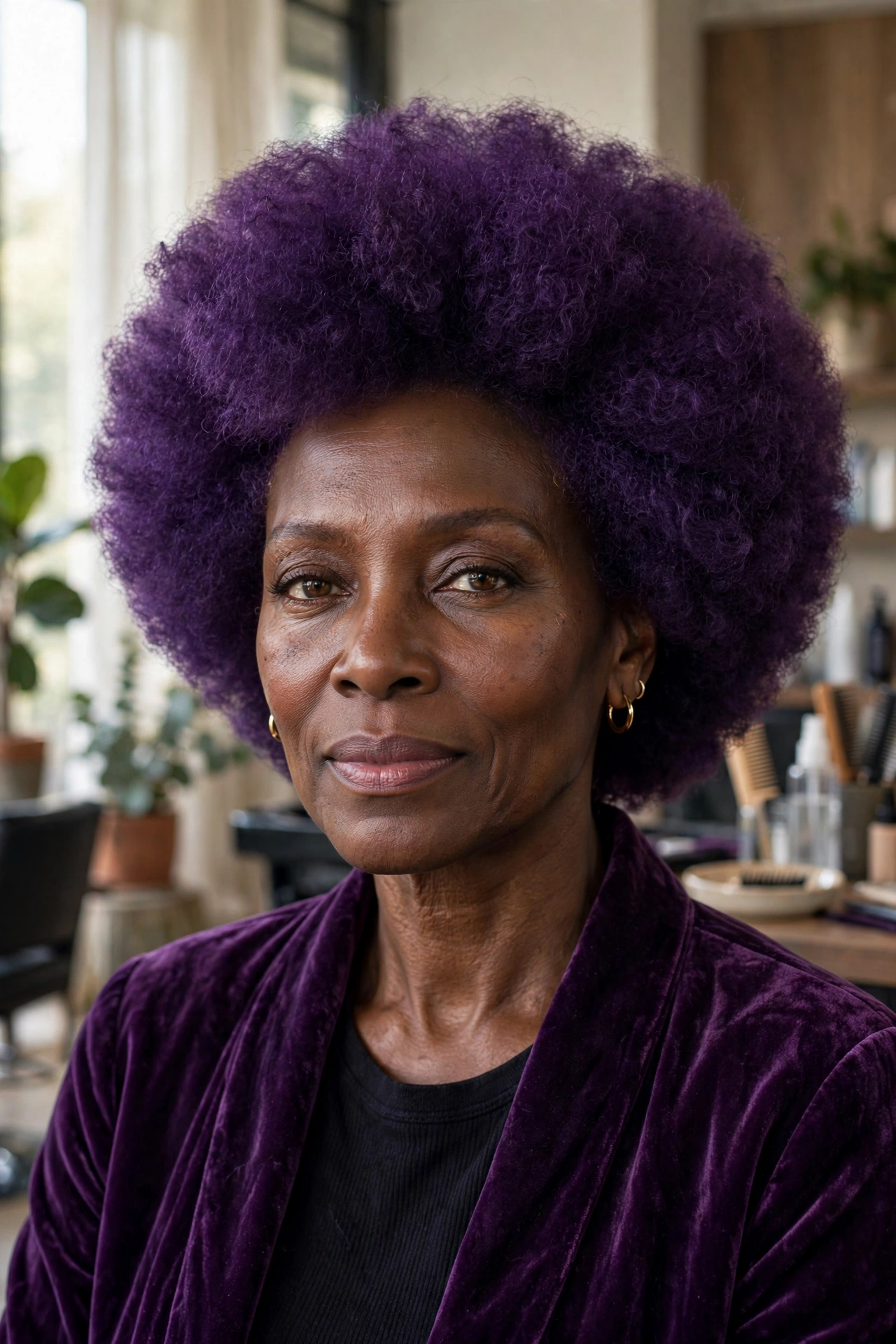 Black woman over 50 with amethyst purple rounded afro