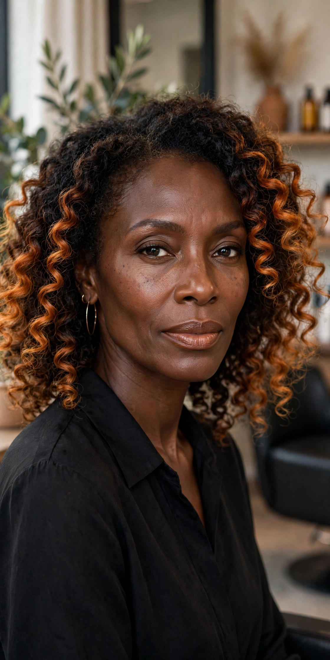 Black woman over 50 with sunset ombre wash-and-go from dark roots to golden ends