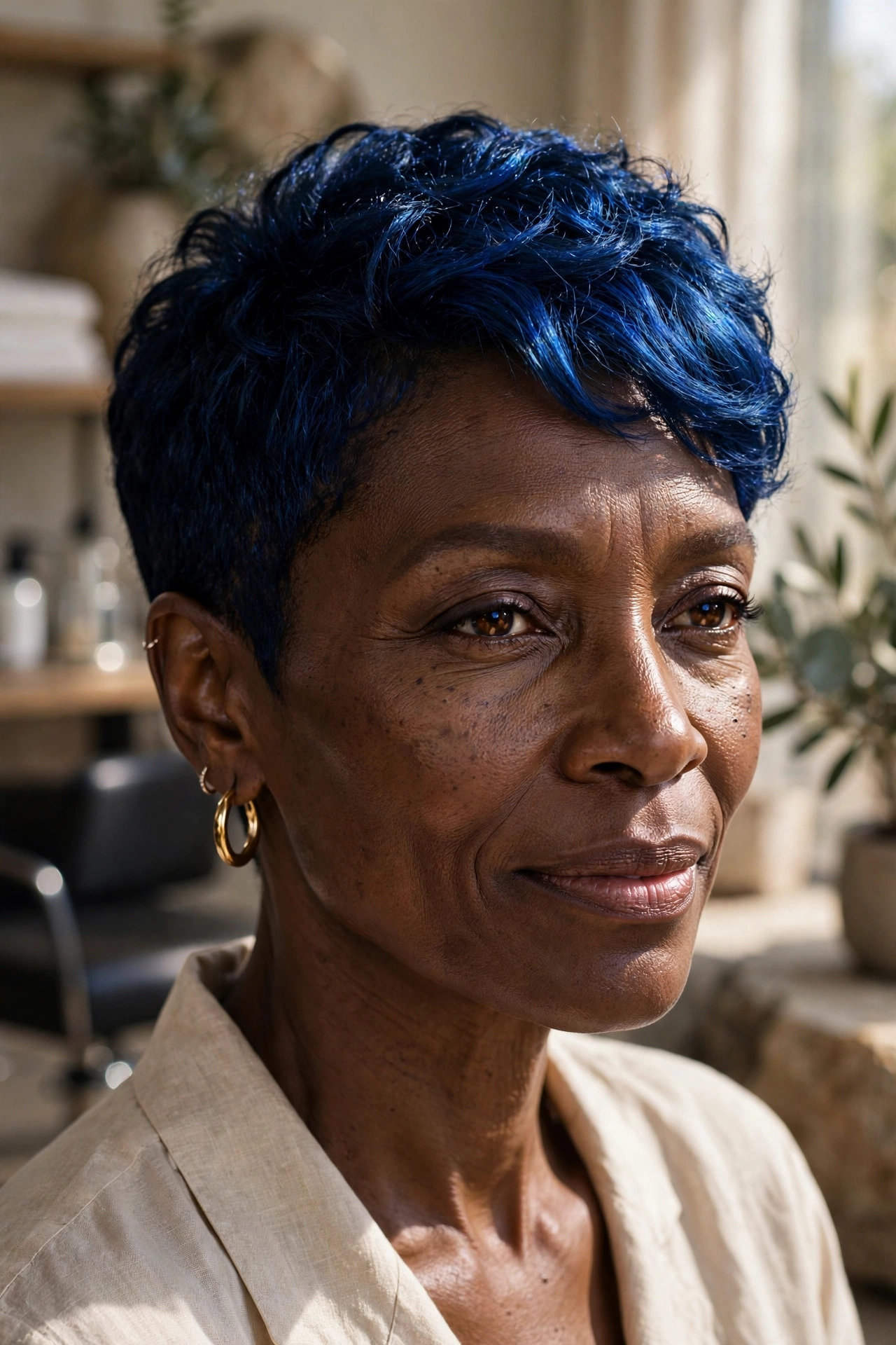 Black woman over 50 with midnight sapphire blue tapered haircut