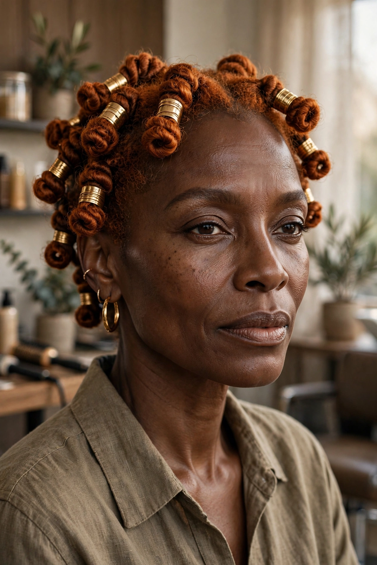Black woman over 50 with burnt orange finger coils and gold cuffs