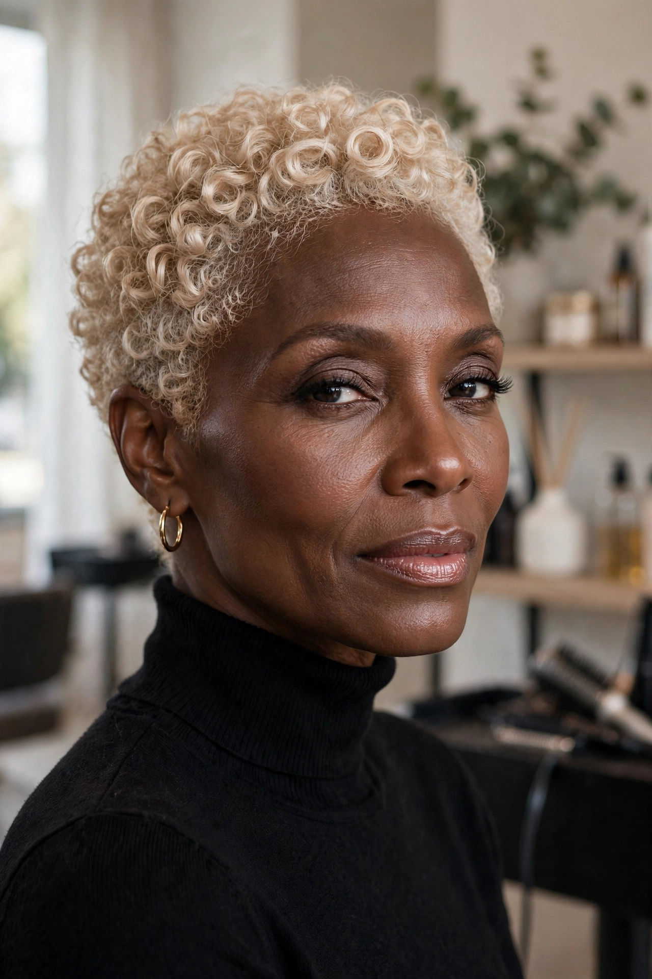 Black woman over 50 with champagne blonde cropped curls