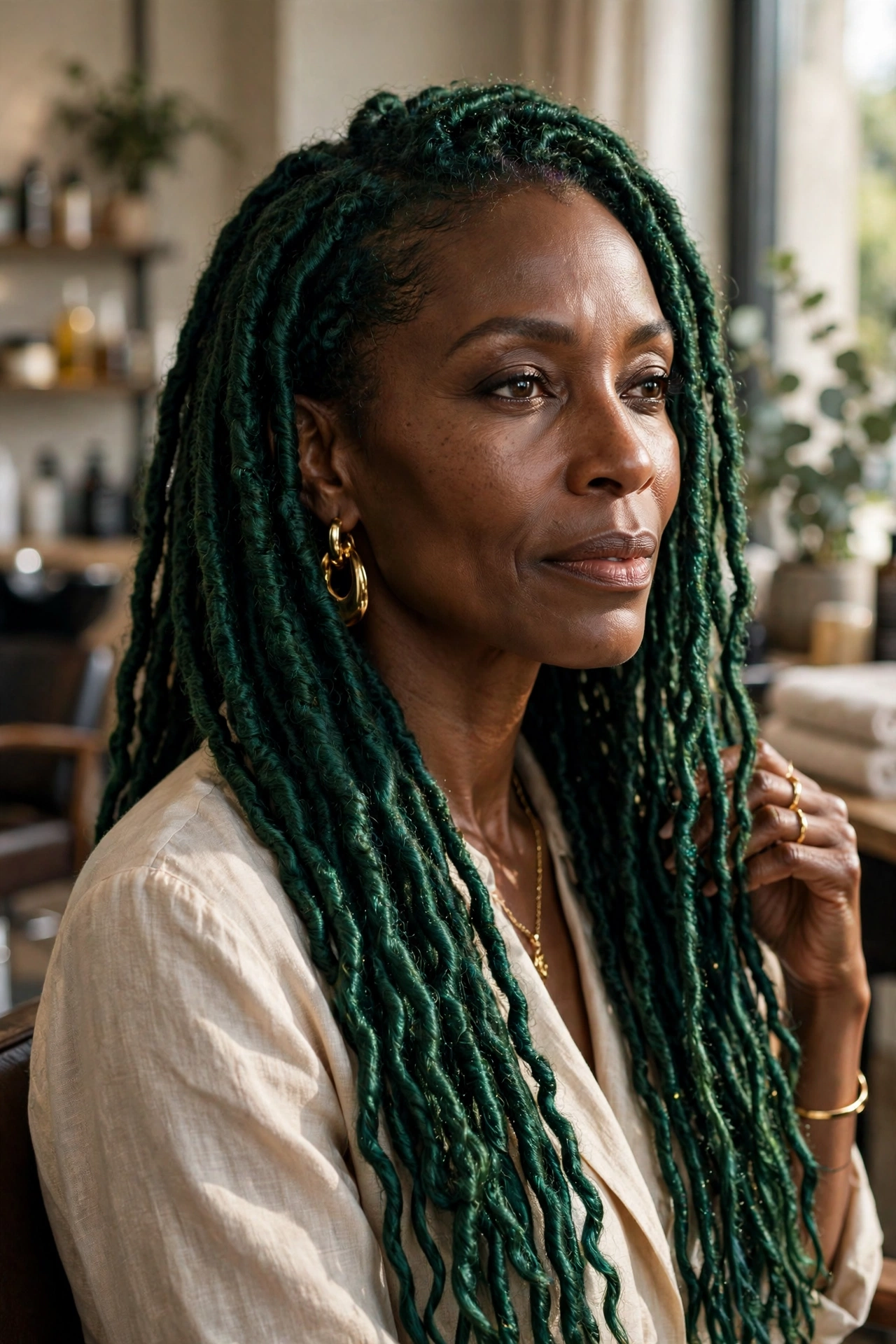Black woman over 50 with deep emerald green locs
