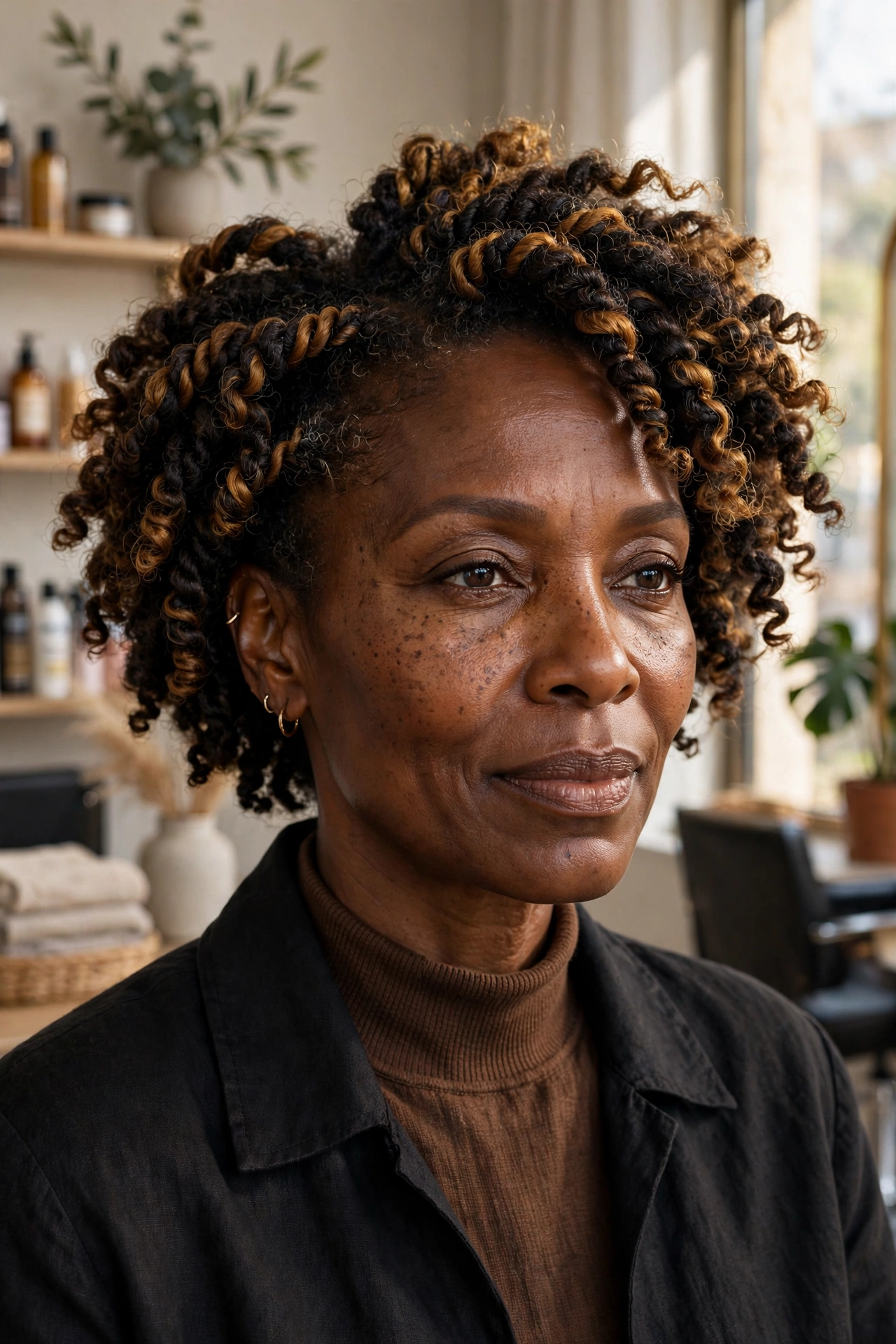 Black woman over 50 with toffee highlights in a dark twist-out