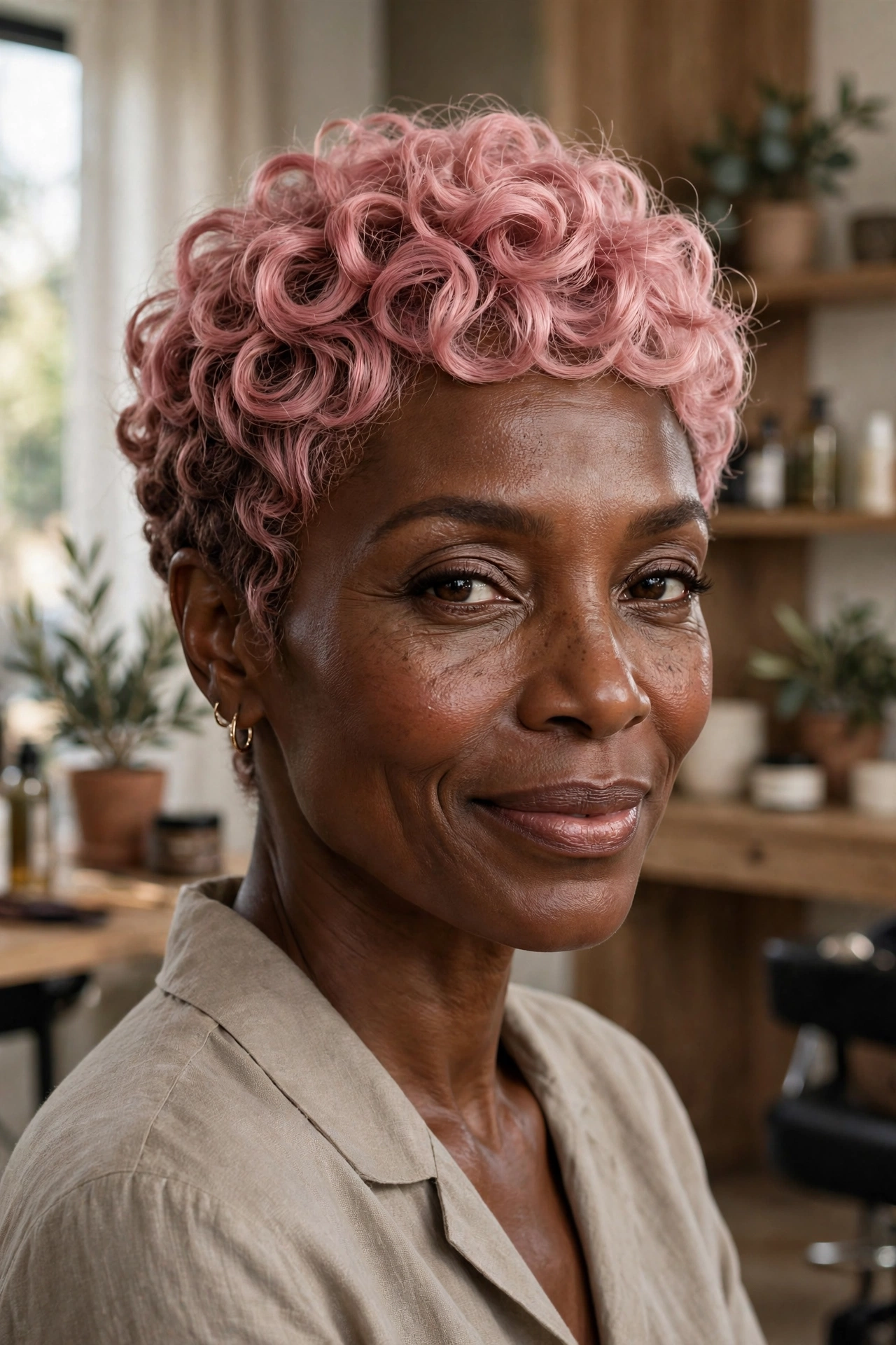 Black woman over 50 with rose pink curly pixie