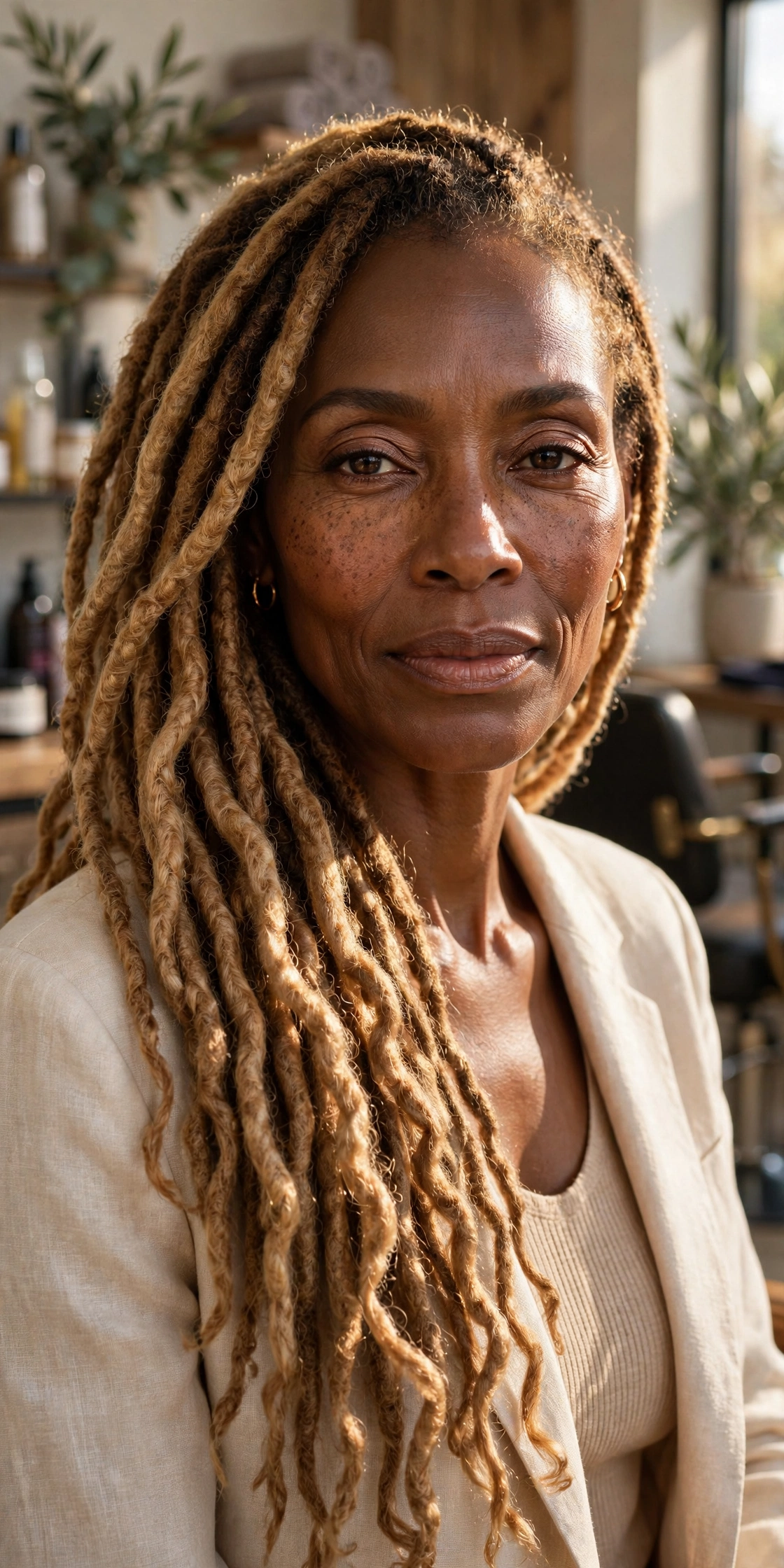 Black woman over 50 with peanut butter blonde locs