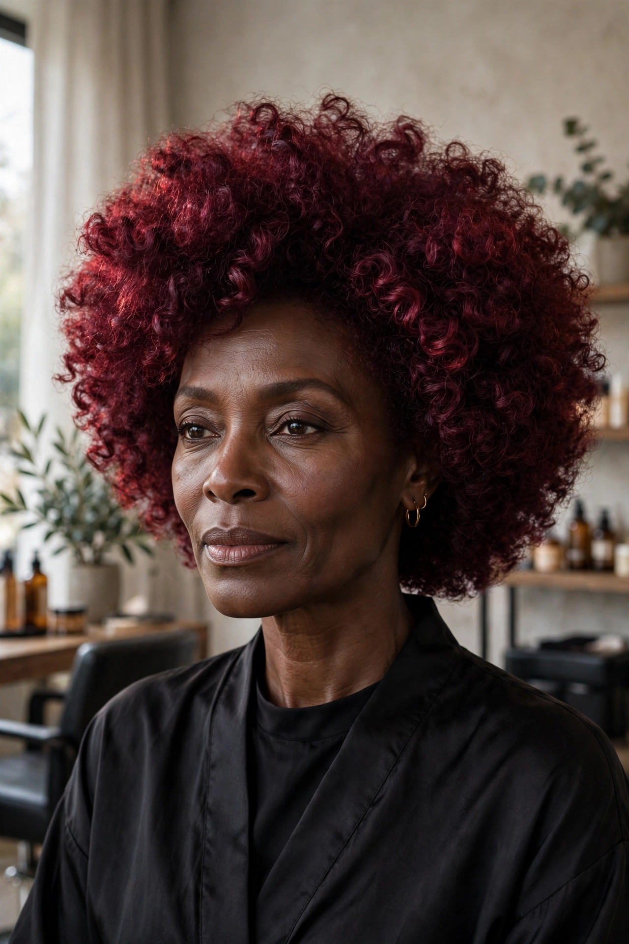Black woman over 50 with merlot red afro