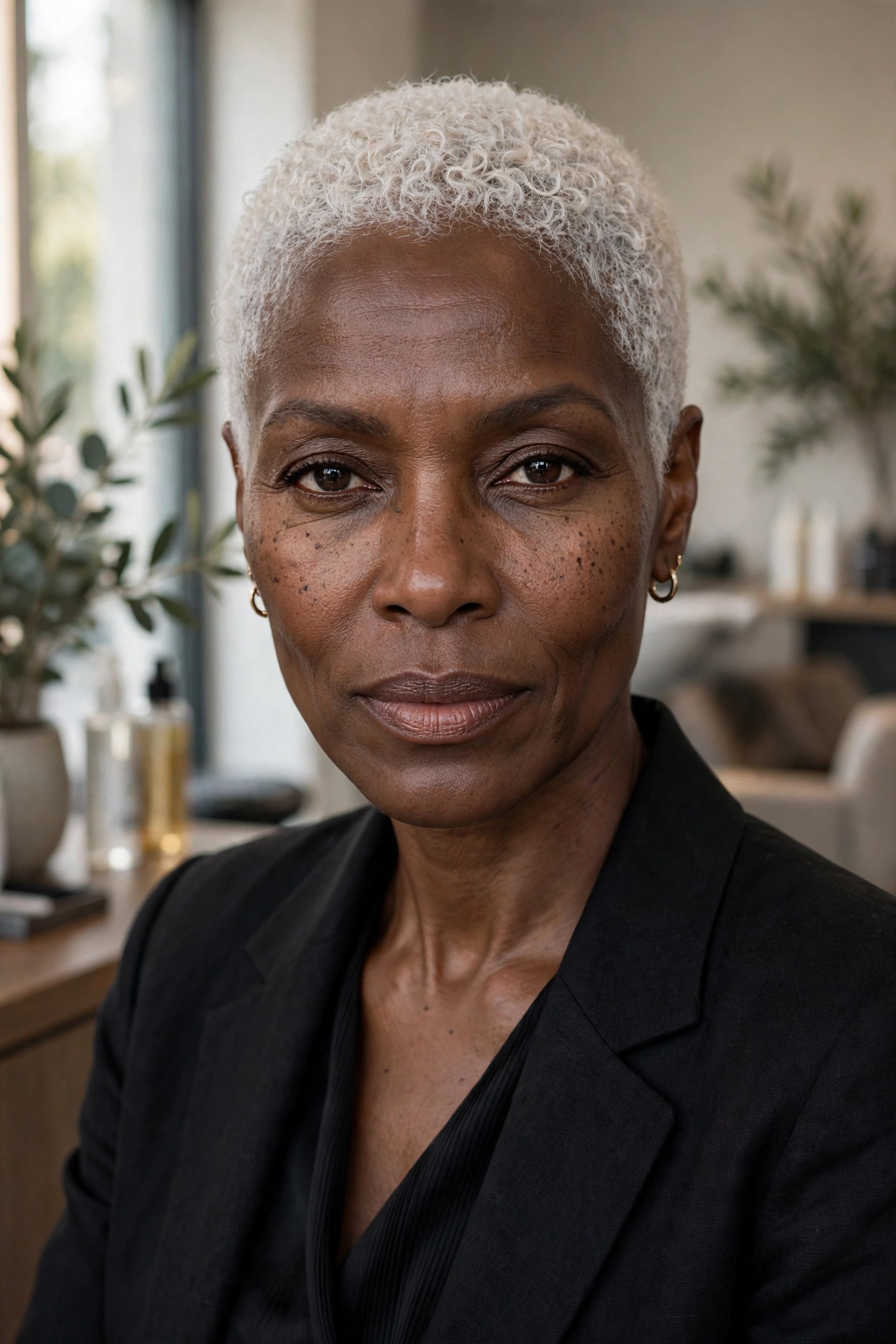 Black woman over 50 with platinum silver TWA