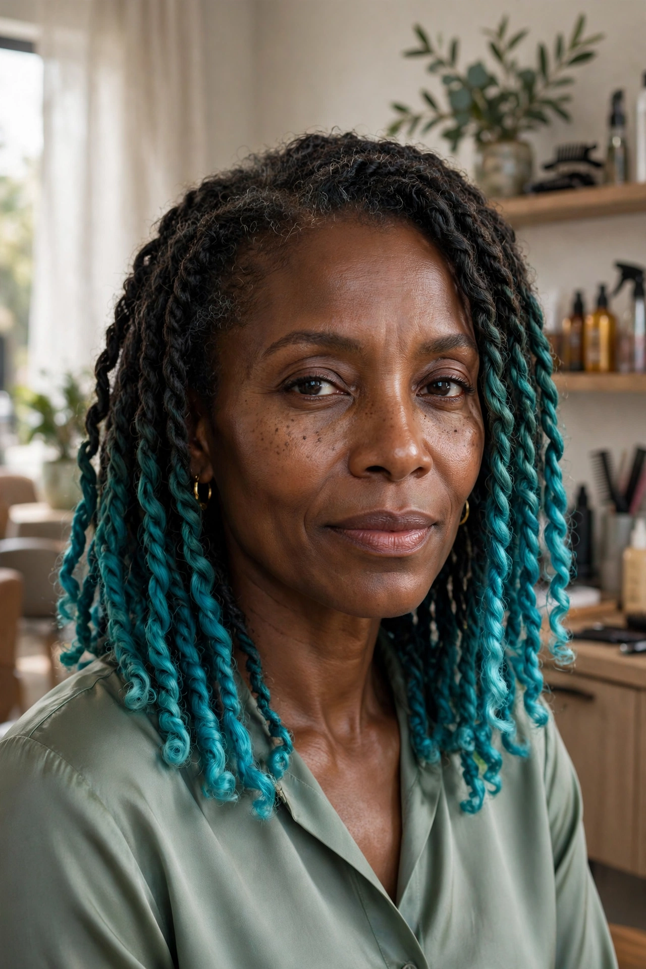 Black woman over 50 with teal ombre on shoulder-length twists