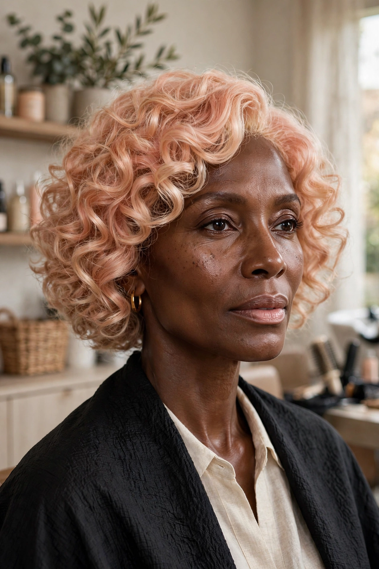 Black woman over 50 with peach sorbet curly bob
